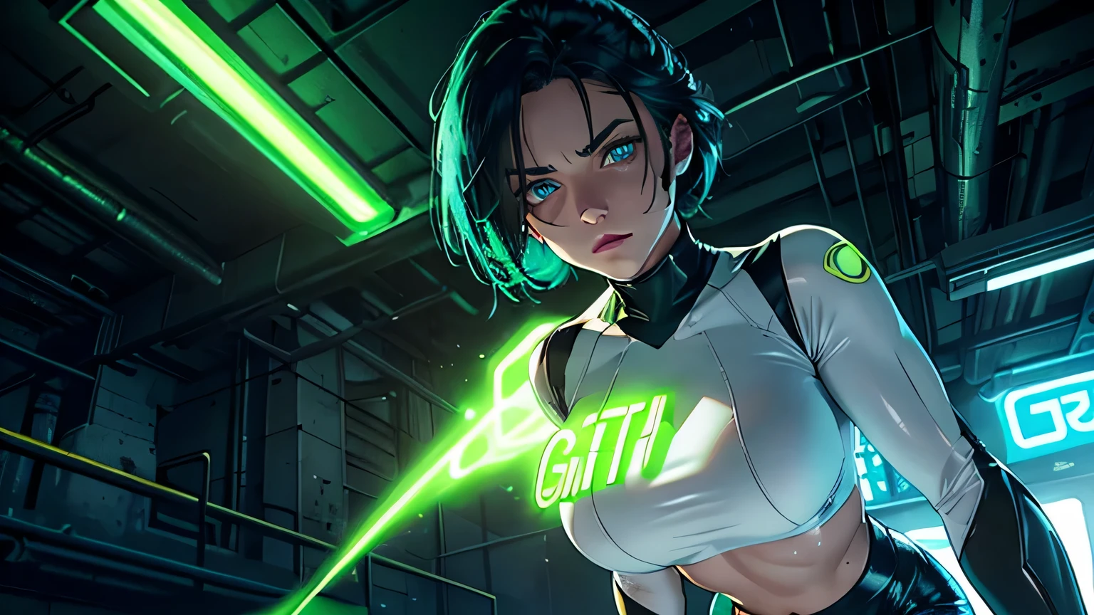 Editorial Style photo, Dutch angle,  1woman, fit-muscled body, bright yellow eyes，dark blue hair , blue eyes, With round lenses, The audience watched carefully, (s face: 1.2), Perfect female figure, ((standing)), ((neon green Tight crop top neon white leather suit), Industrial, Factory floor, Glowing cybernetic implants, Steam and smoke effects, Grit and grime close-ups, Stark, directional spotlights, Abandoned manufacturing plant, Late night, face close up