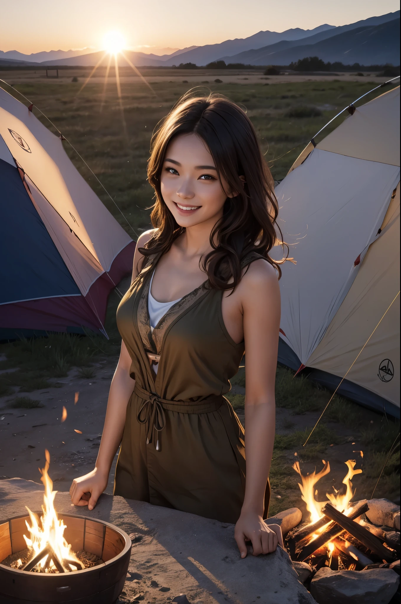 8k,evening,young woman camping,brown mohawk hair,lit by a bonfire,cold,triangular tent behind,Photorealistic RAW photos of the highest quality。bright colors,rich colors, Backlight, cinematic lighting, film grain, to be born, 50mm lens, Nikon D850,realistic skin,fantasy art,character art,ultra high resolution,realistic skin,perspective from above,big smile,You can see the superb view.