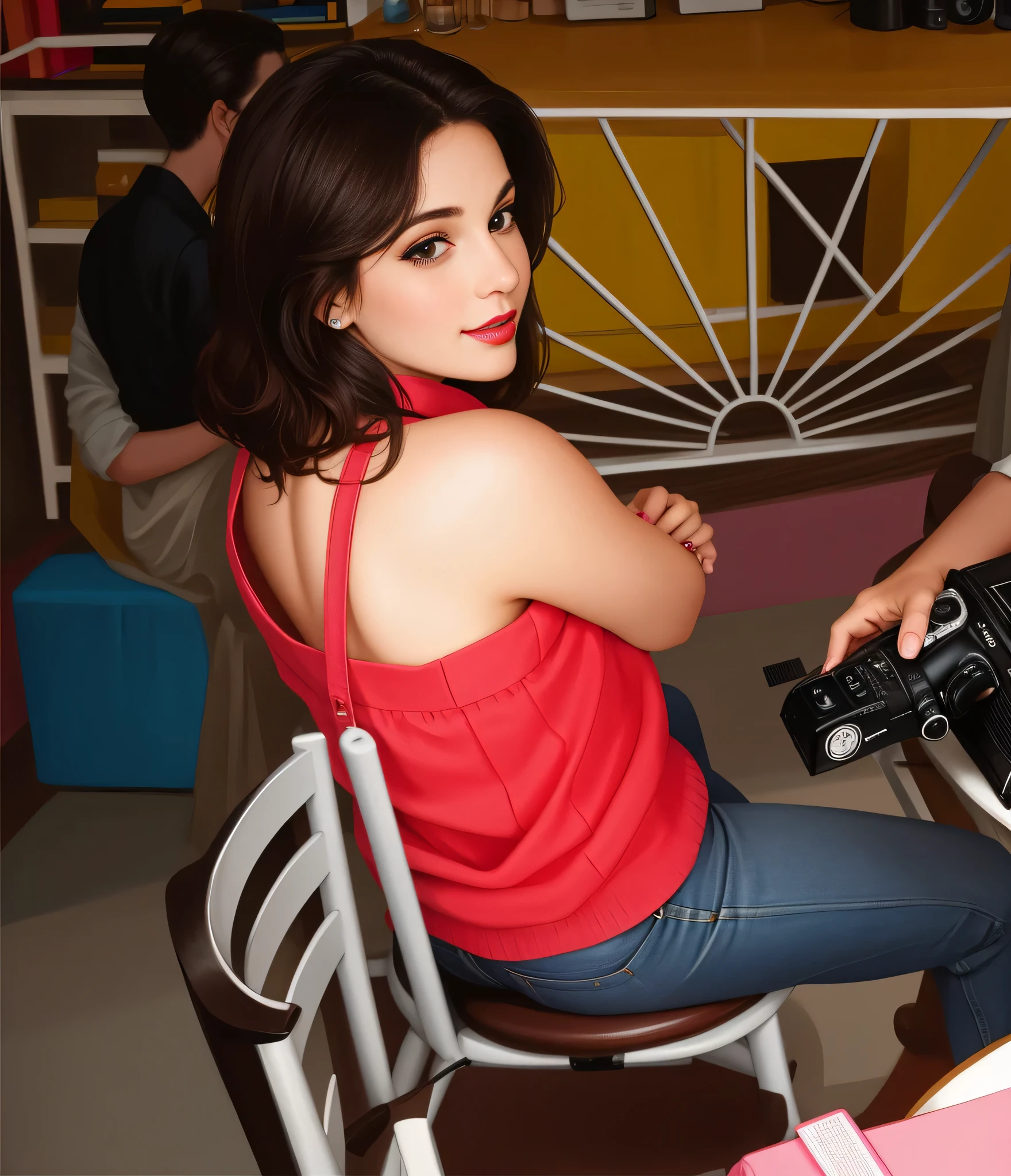There is a white woman sitting at the table, with a camera, Sentado em uma cadeira, showing the shoulder from behind, foto tirada por cima do ombro, ombros podem ser vistos, olhando para o ombro dela, photo taken from behind, tiro por cima do ombro . Uma mulher com pele branca e cabelos escuros. ela tem cerca de 35 anos. your lips are slightly plump, your eyes are dark brown. Corpo fino, cintura fina. Altamente realista, Lindo, slightly full lips, batom cor de rosa, sorridente, hiperrealismo, pele muito elaborada. foto de corpo inteiro, Limpar foto, alta qualidade, high resolution, obra de arte, 8k.