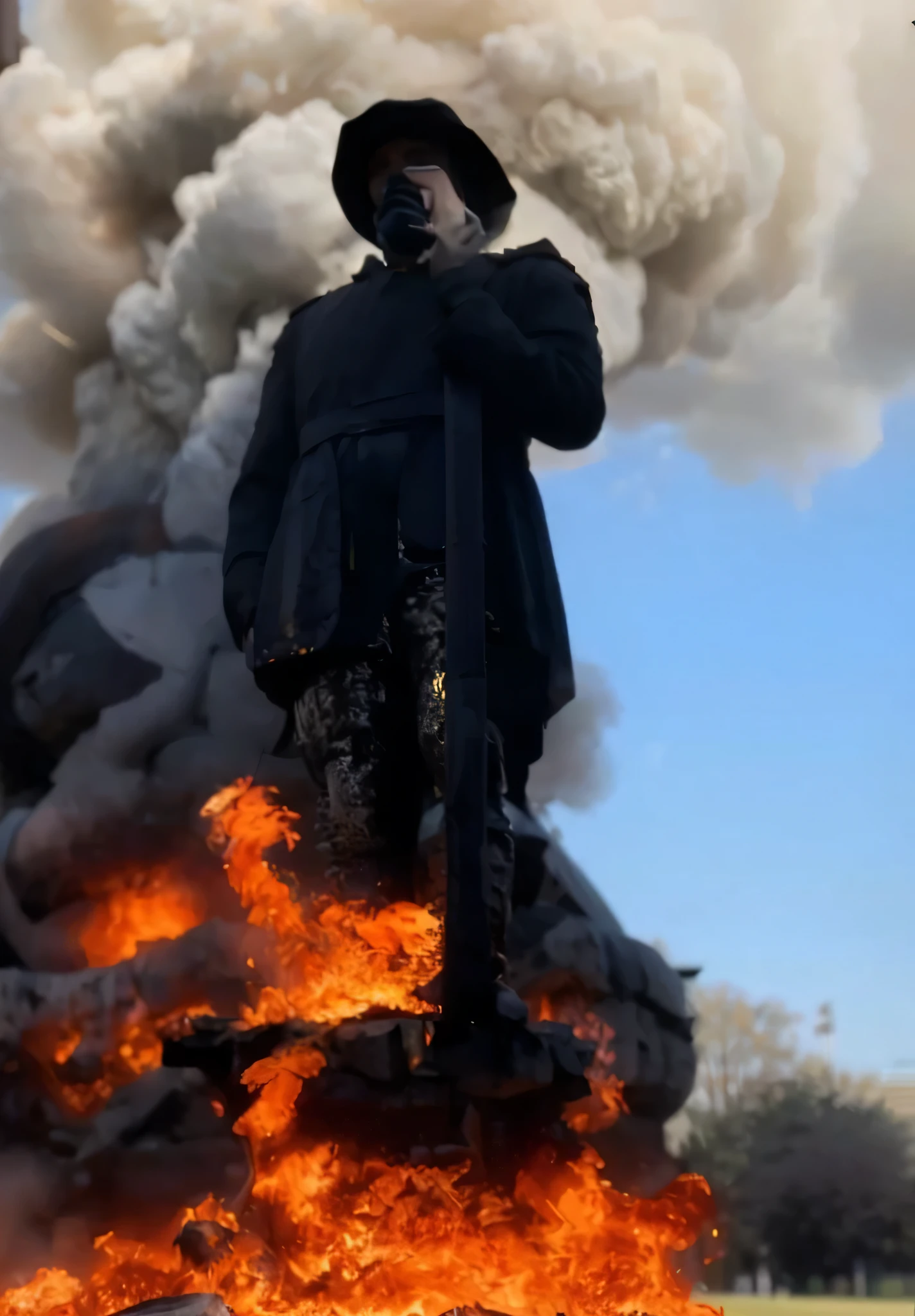 Estilo de arte digital, melhor qualidade, Higher quality flames are seen in the air near a statue in a park, Chaotic riots in 2022, Direction: Louis Molinari, by Matteo Pérez, Riot at the Capitol, by José Malhoa, por Jorge Velarde, by Júlio González, por Gina Pellon, by Alexander Obregón, ( Greg Rutkowski ), Tumultos