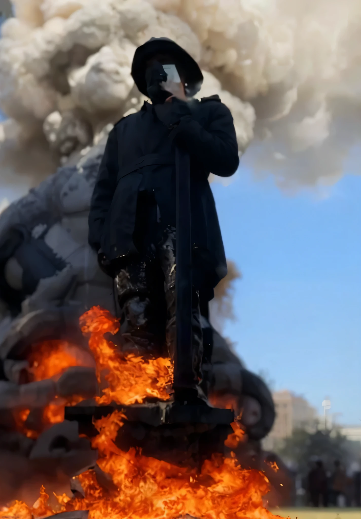 Estilo de arte digital, melhor qualidade, Higher quality flames are seen in the air near a statue in a park, Chaotic riots in 2022, Direction: Louis Molinari, by Matteo Pérez, Riot at the Capitol, by José Malhoa, por Jorge Velarde, by Júlio González, por Gina Pellon, by Alexander Obregón, ( Greg Rutkowski ), Tumultos