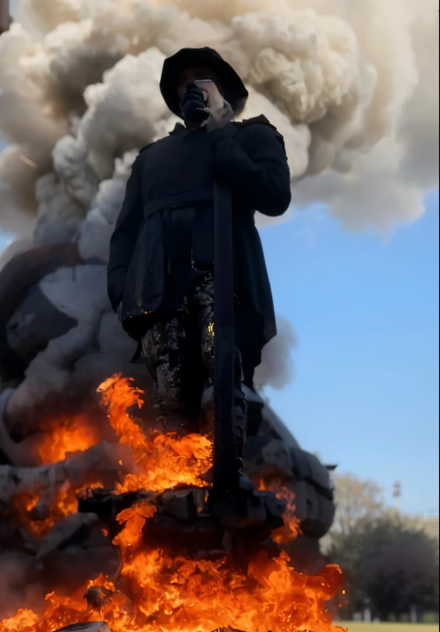 Estilo de Arte Digital, melhor qualidade, Higher quality flames are seen in the air near a statue in a park, Chaotic riots in 2022, Direction: Louis Molinari, by Matteo Pérez, Capitol riot, by José Malhoa, por Jorge Velarde, by Júlio González, por Gina Pellon, by Alexander Obregón, ( Greg Rutkowski ), Tumultos