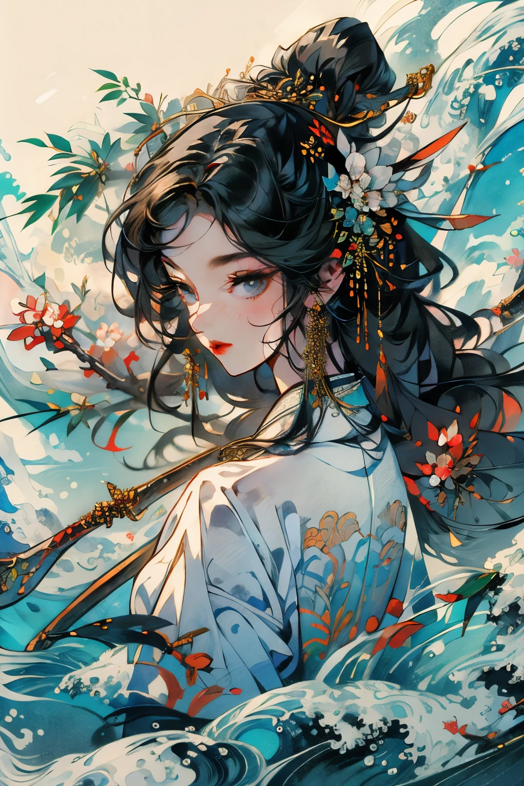 (best quality, masterpiece:1.2), (official art, Extreme details), 1 girl,goddess, China costume, hanfu, headgear, hair accessories, earrings, jewelry,Wonderland on earth, soft light, Chinese traditional ink painting,
