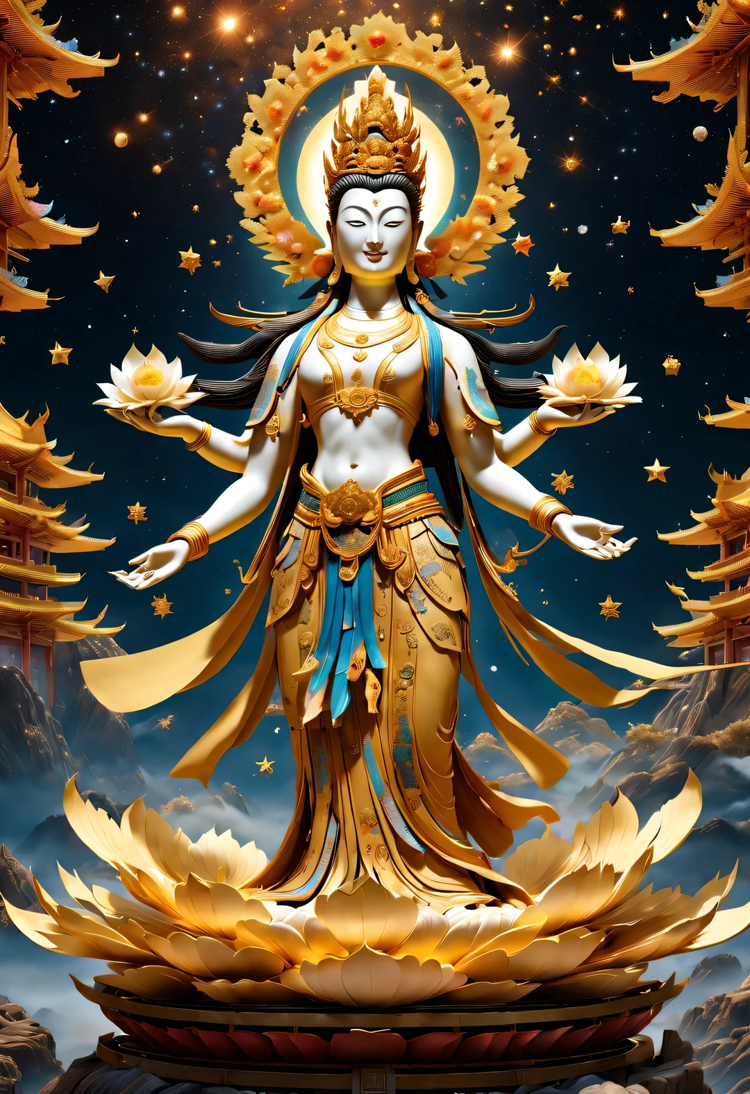 China&#39;s Avalokitesvara Bodhisattva in the sky filled with stars, Holy, Perception Unlocked, ascent, omniscient, epic, Spectacular, awe-inspiring, awe-inspiring, Crazy details, HD Octane Rendering, Unreal Engine 5, Surrealism