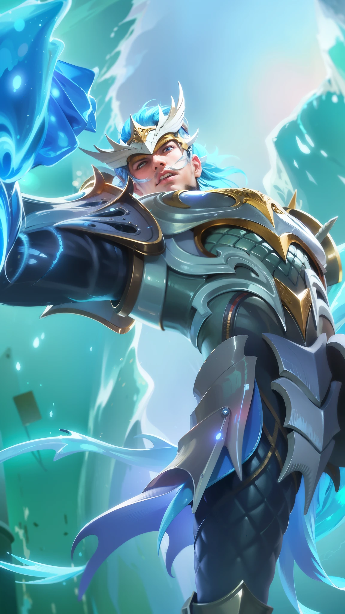 a close up of a man with a helmet on holding a sword, gatotkaca, young handsome, angry, masterpeace, 8K quality, High resolution, super detail, realistic, Raw photo, blue eyes.