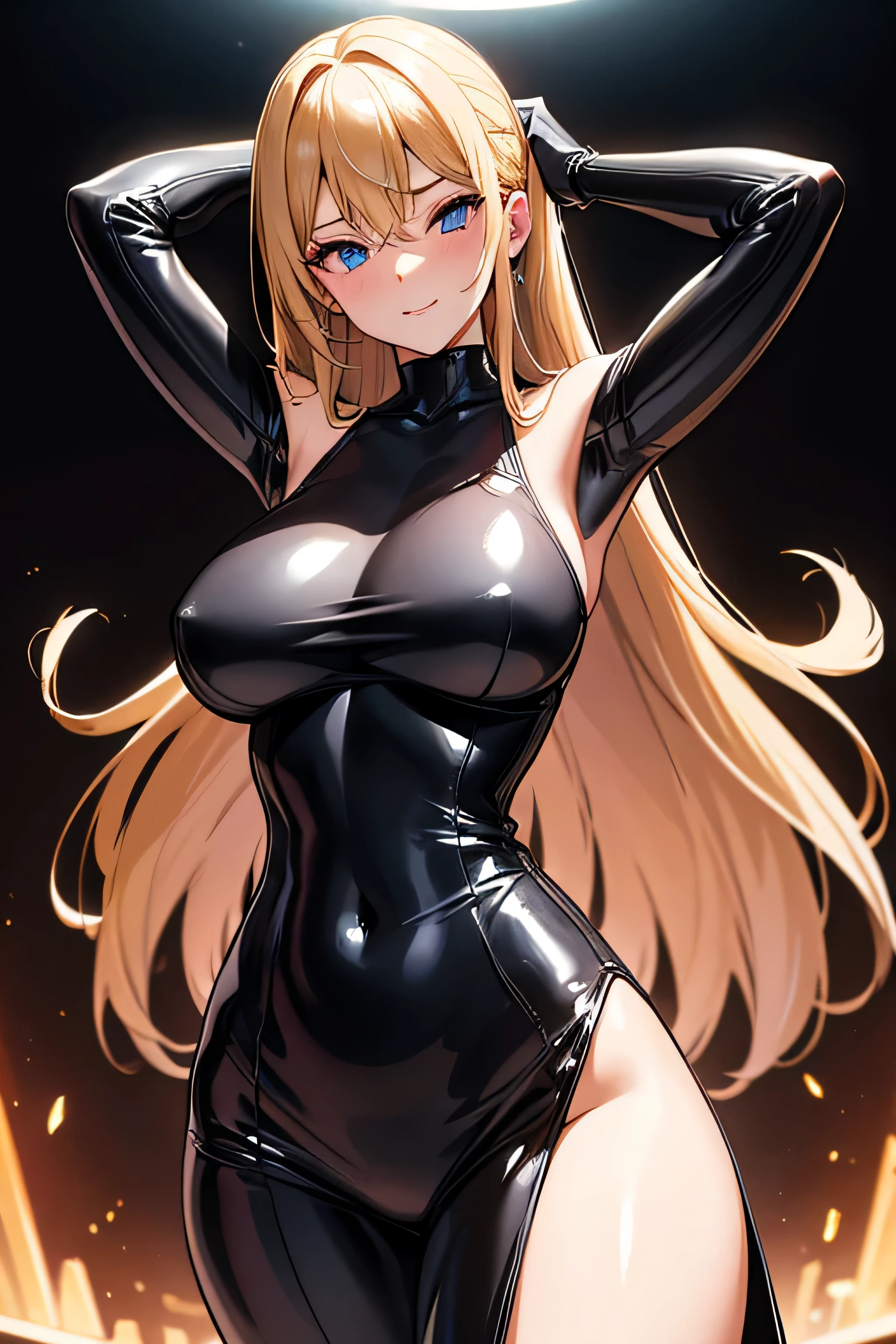 High Resolution, Ultradetailliert, (Meisterwerk:1.4), best quality, symmetrical body, a beautiful 18 year old woman in a sexy black latex dress with gloves, Niedlich, Allein, lange Haare, blondes Haar, Bernsteinauge, leuchtendes Auge, Glow-Effekt, fein Auge, detailliertes Gesicht, Blick auf den Betrachter, Huge breasts, kurvig, Sonne, Felgenlicht, Outside, (sexy Pose:1.4)