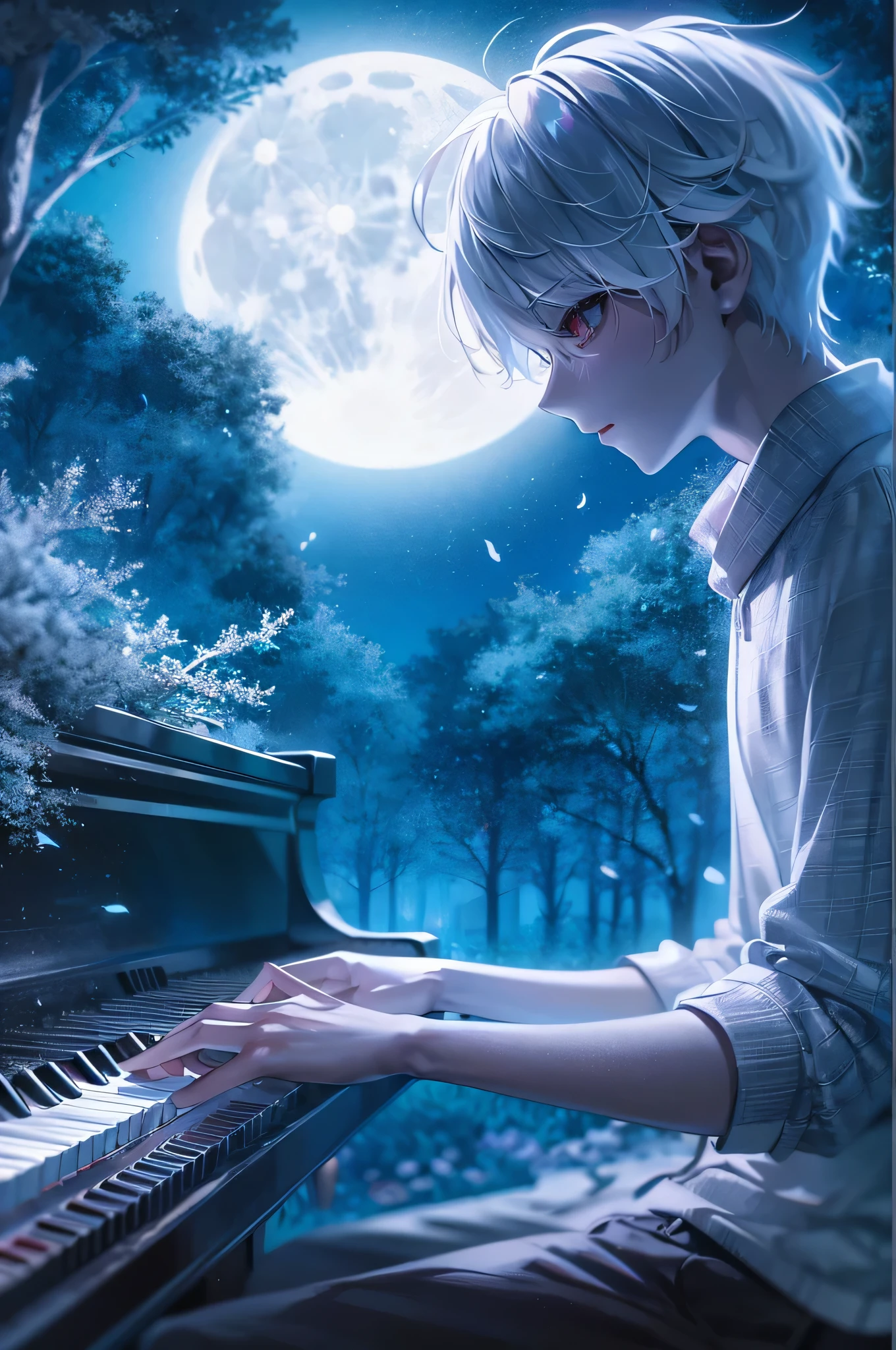 Anime boy playing the piano in the moonlight with a full moon in the background, Nightcore, Anime Rush John 8K Forest, 4Kanime wallpaper, anime art wallpaper 8k, anime art wallpaper 4k, anime art wallpaper 4k, kaworu nagisa, Beautiful peace scenes in anime, anime wallpaper, anime picture, pianist, anime wallpaper 4K, anime wallpaper 4 k