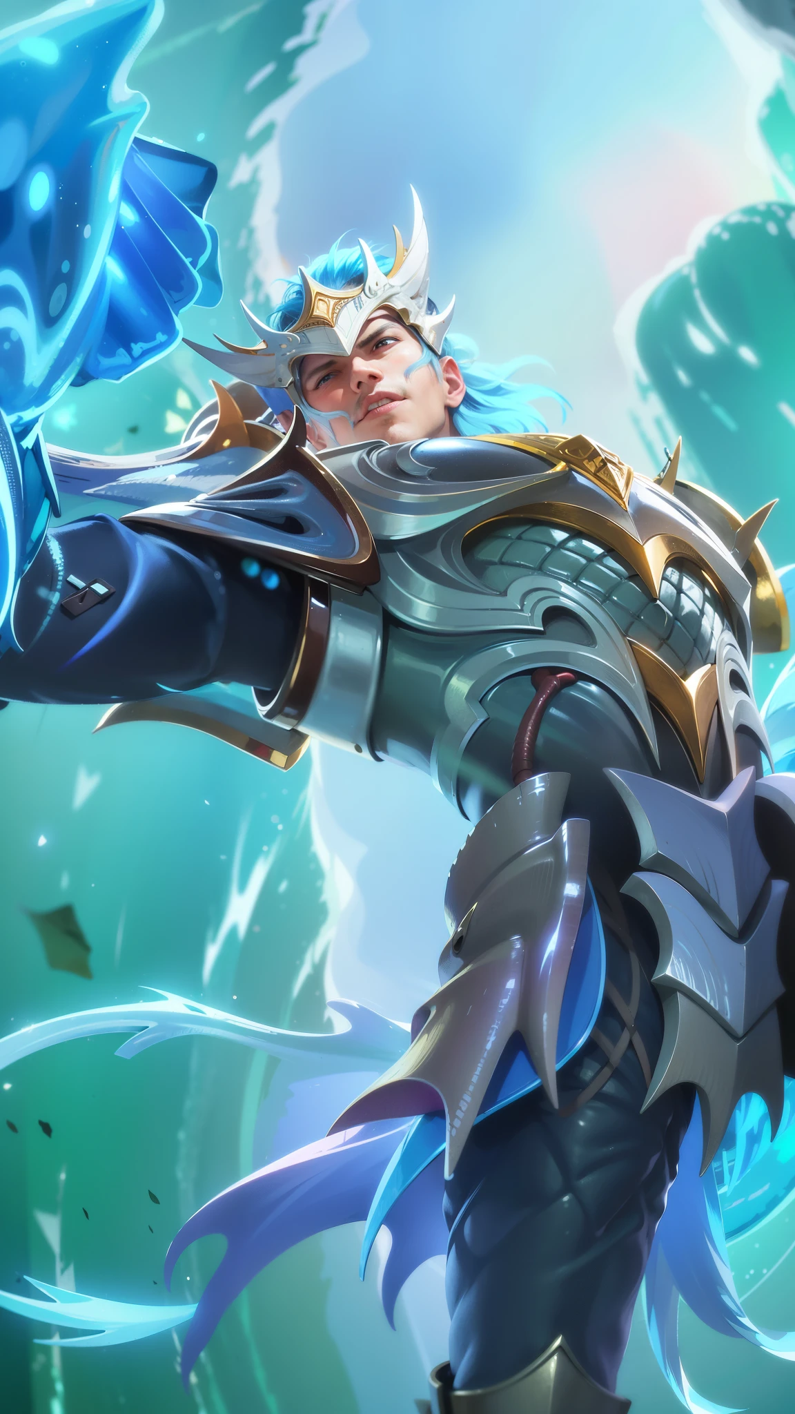 a close up of a man with a helmet on holding a sword, gatotkaca, young handsome, angry, masterpeace, 8K quality, High resolution, super detail, realistic, Raw photo, blue eyes.