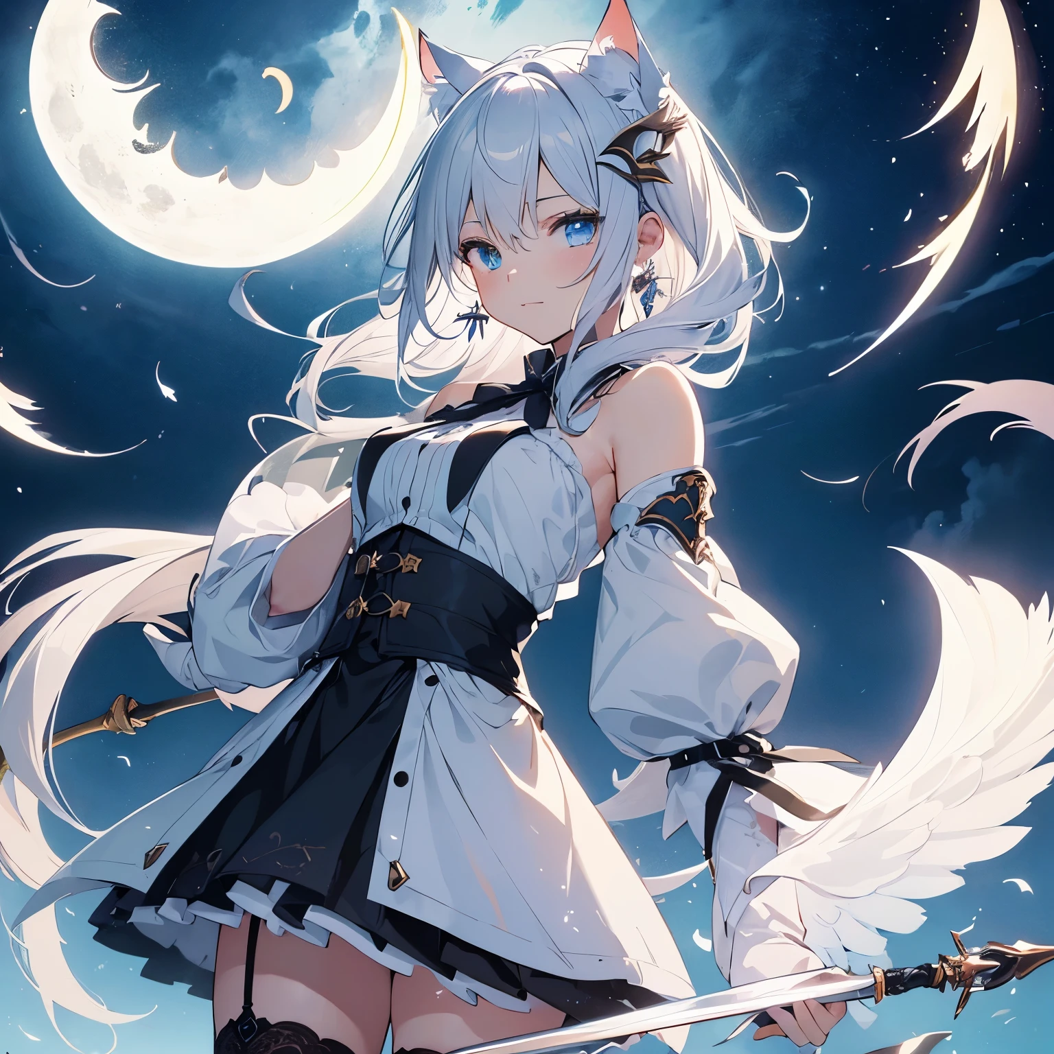 (fantasy illustration:1.5), (alone:1.2), (anime,8K,masterpiece, highest quality, highest quality,beautiful and aesthetic:1.2,professional illustration:1.1, 2D beautiful girl:1.5、highest quality:1.5、perfect fingers:1.1、perfect anatomy:1.1、perfect face:1.1、perfect hands:1.1、perfect feet:1.1、dress up perfectly、beautiful illustrations,ultra detail:1.3,perfect lighting),beautiful illustrations, highest quality, 1 girl,looking at the viewer,blue eyes,silver hair,Short hair fluttering in the wind,white and black chenik,cat girl,animal ears, female knight, black ribbon earrings, White ribbon,Rapier wrapped in light,strong wind, Leaves fluttering in the wind, wallpaper, high contrast, colorful, cinematic lighting, cowboy shot, anime調, sense of speed, dagger master, professional illustration:1.1, cute, super sophisticated, High resolution, Highly detailed CG, soft lighting, Interesting subjective video, seductive smile,huge white feathers, Small breasts with good style, ((Wind Spirit)), (((battlefield and crescent moon background))), strong wind, (black stockings), iron rapier, Holding a rapier,fantasy land, Fairy Light, Lens perspective, excellent anatomy, beautiful lighting, noontime, noon, 超cute girl, 超cute face, highly detailed eyes, perfectly symmetrical face,small young ,Tsundere face,Sunlight shining from the upper left,fog,black mask