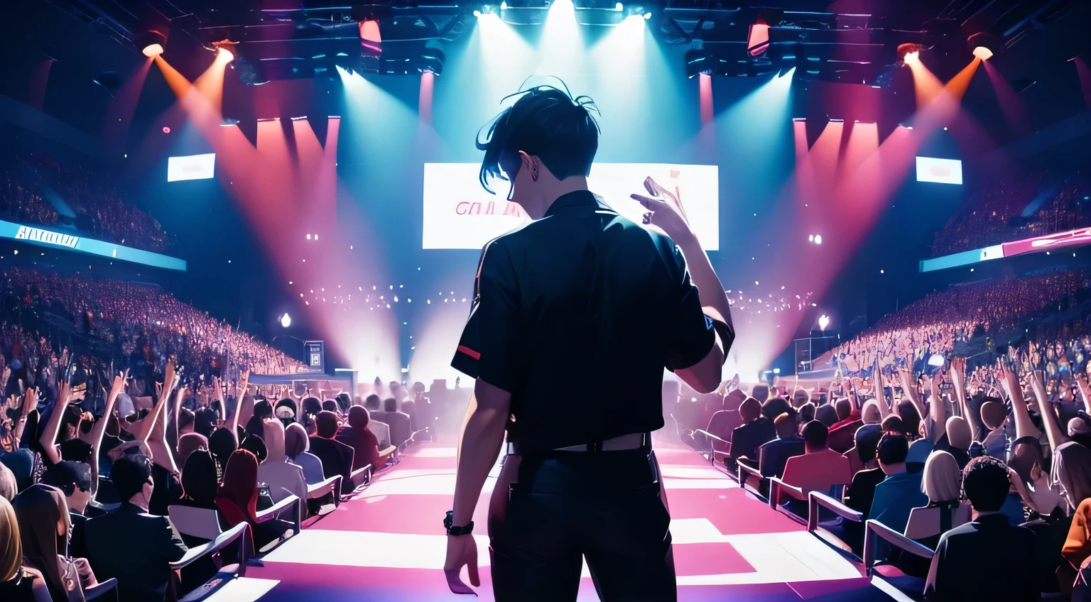 masterpiece, top quality, 1920x1080 pixels,
Electronic rhythm and blues band, nightclub, crowd, Fans, cheering, clap, 기립 clap,
shining light, phase, spotlight, performance, Fog,
Japanese anime style image, comic book, fancy, energetic, vibrant,dynamic, brave, brave outlines, Expressive characters.