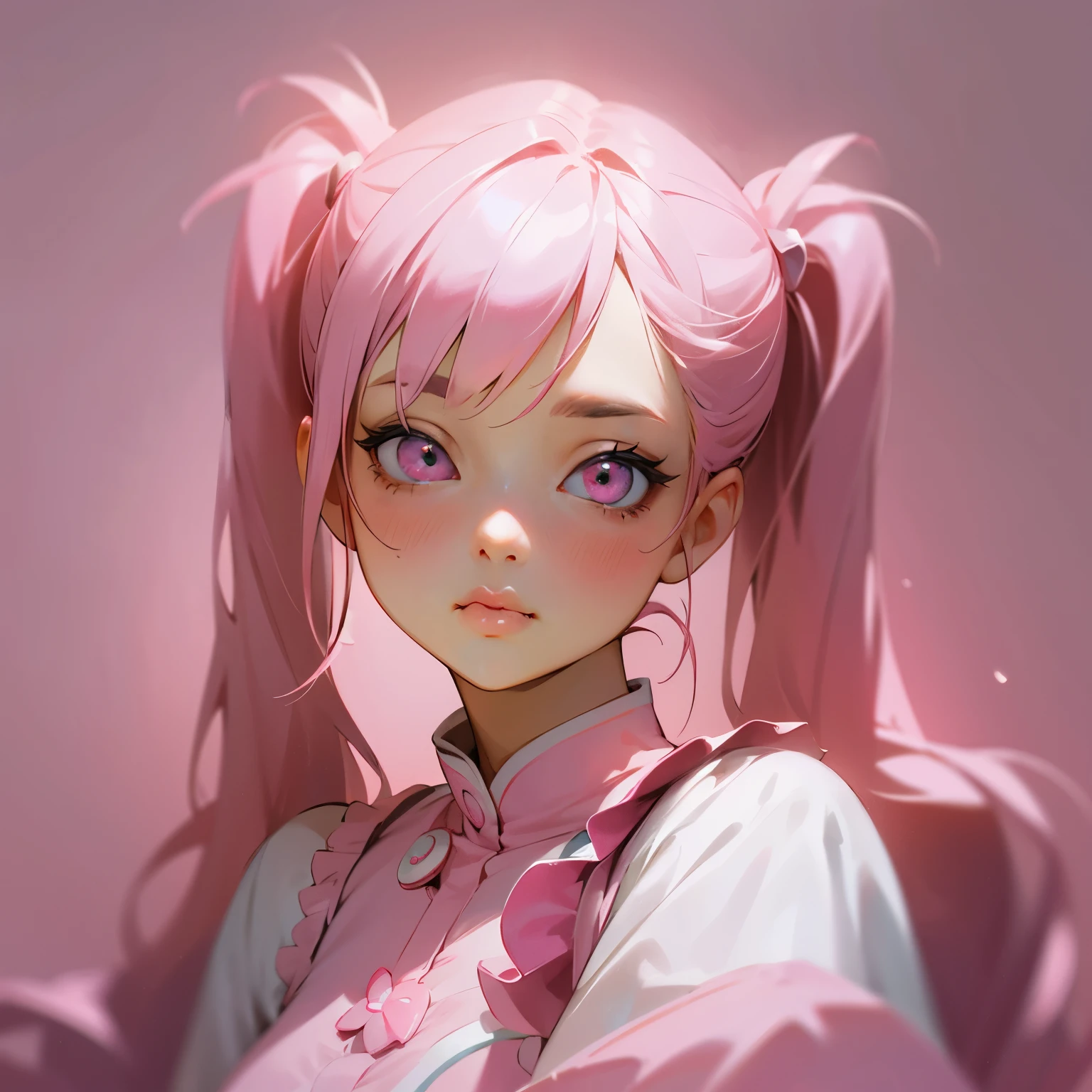 best quality, ultra-detailed, realistic, pink hair, twin tails, pink eyes, pink outfit, youthful appearance, adorable pout, pink ribbon, soft lighting, pastel colors, dreamy atmosphere