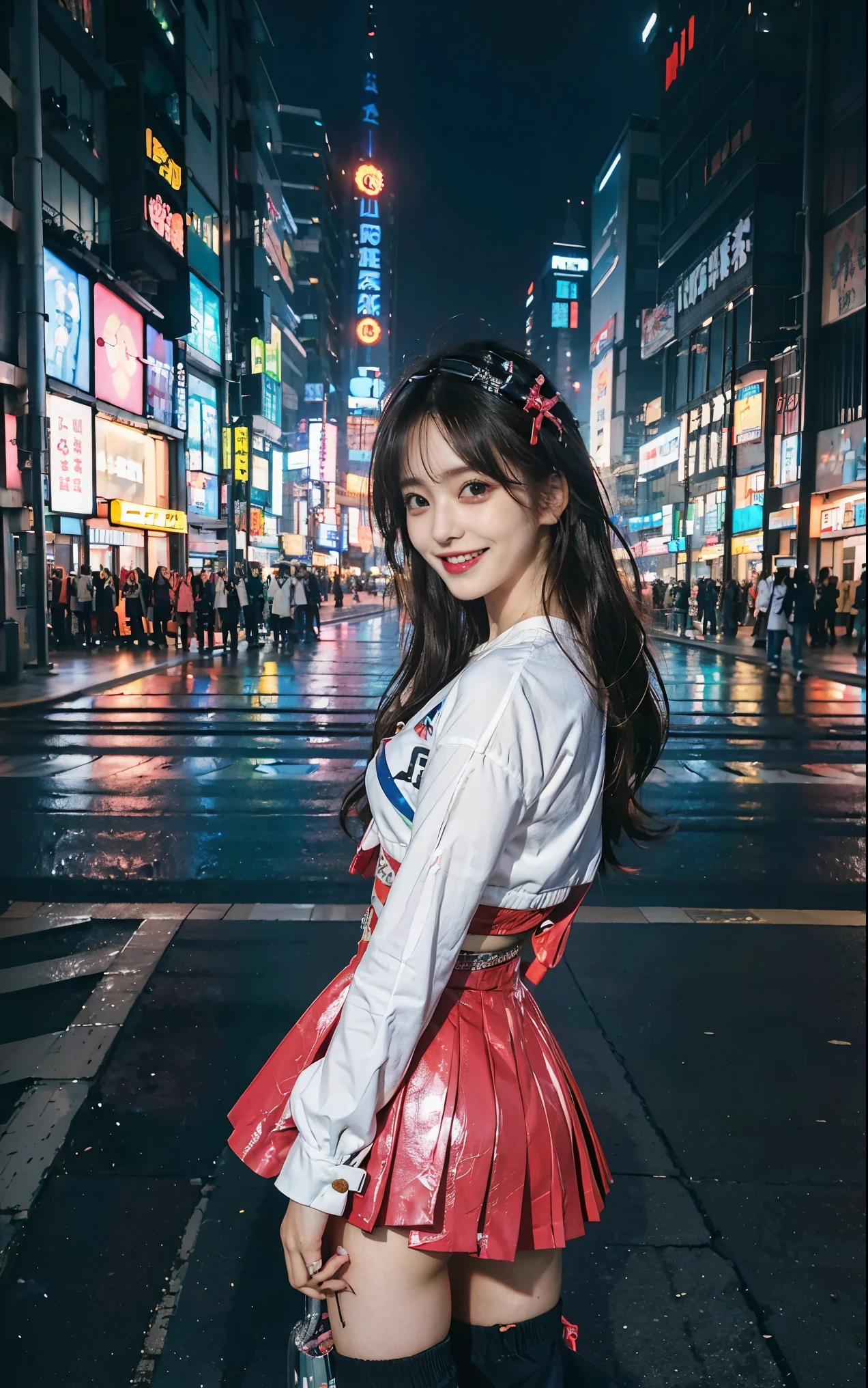 ((1 cyberpunk girls wearing Harajuku Tech costumes), (fisheyelens), self-shot, Cowboy shot, Wind, Messy hair, cyberpunk city landscape, (Aesthetics and atmosphere:1.2),Smiling, Laughing