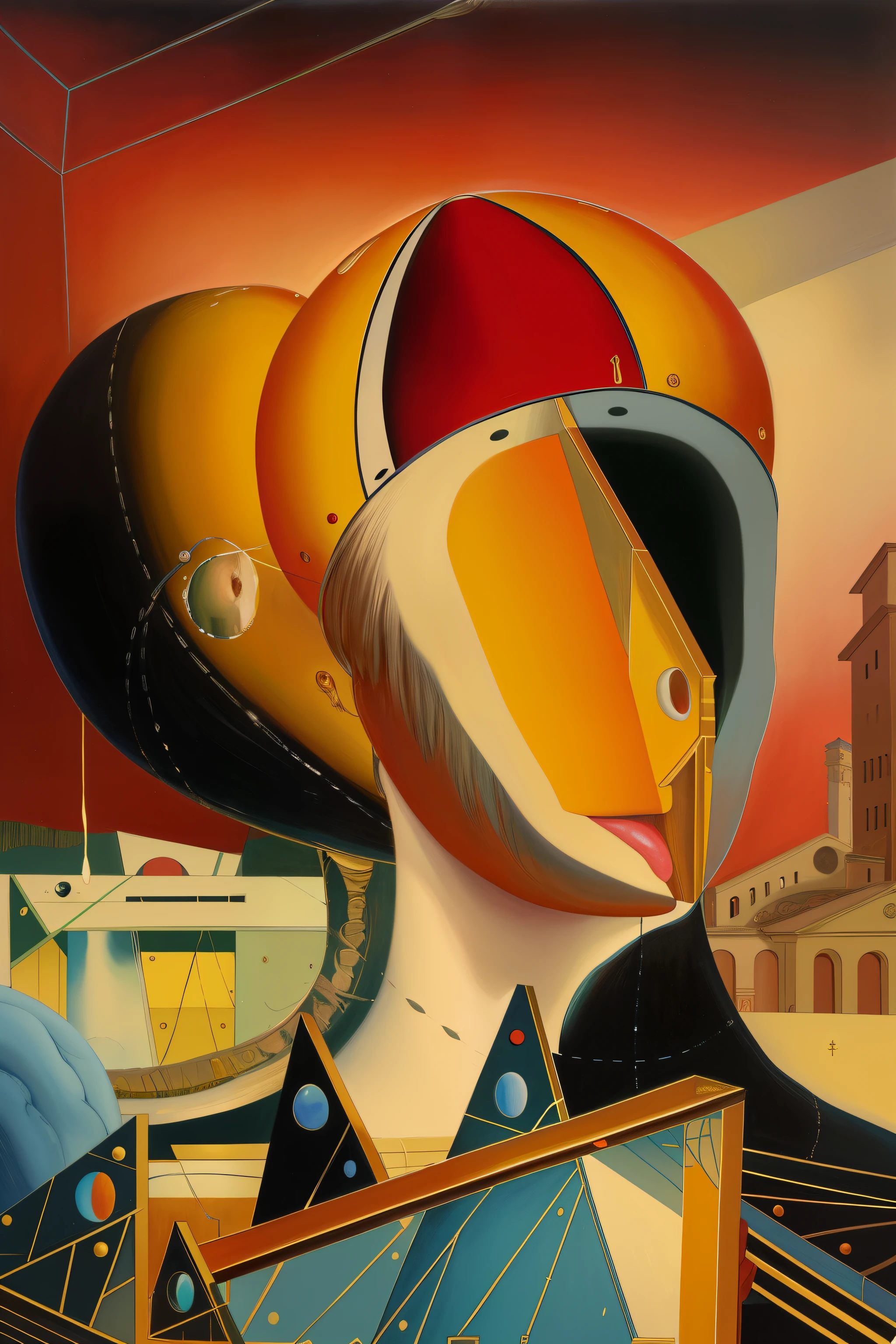 painting of a man with a giant mouth and a big head, Giorgio di Chirico, inspired Direction: Giorgio de Chirico, Direction: Giorgio de Chirico, Chirico and Rene Magritte, Giorgio de Chirico e Klimt, a Pintura surrealista, inspirado em Peter Blume, cena surreal, uma pintura cubista, Pintura surrealista, Arte surrealista