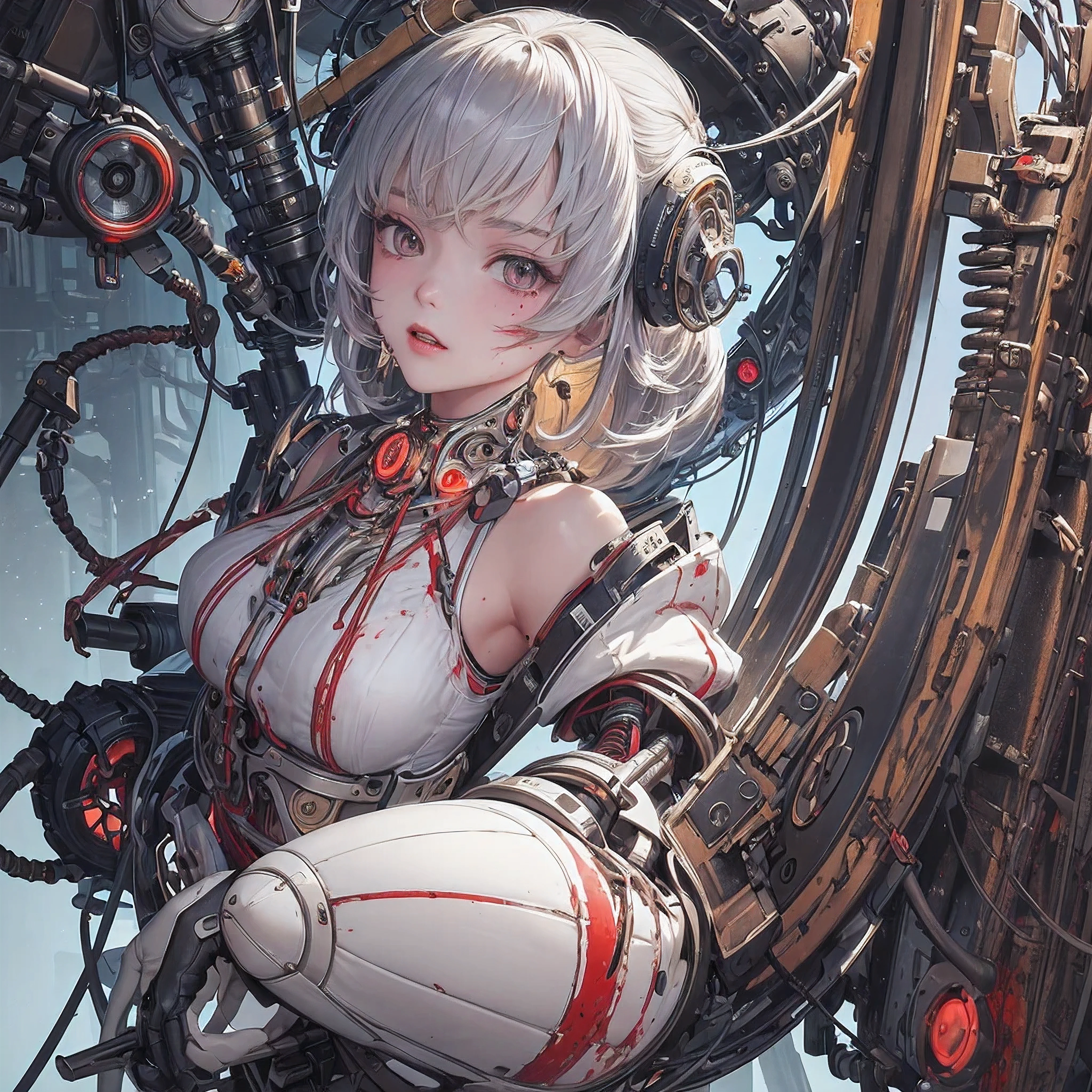 (masterpiece, top quality, best quality, official art, beautiful and aesthetic:1.2), (1girl:1.3), extreme detailed,colorful,highest detailed ((ultra-detailed)), (highly detailed CG illustration), ((an extremely delicate and beautiful)),cinematic light,((1mechanical girl)),solo,full body,((real breasts, mechanical torso:1.2)),(machine made joints:1.2),((mechanical limbs)),(blood vessels connected to tubes),(mechanical vertebrae attaching to back),((mechanical cervical attaching to neck)),(fetal position),expressionless,(wires and cables attaching to neck:1.2),(wires and cables on head:1.2)(character focus),science fiction,white background,(blood:1.5)