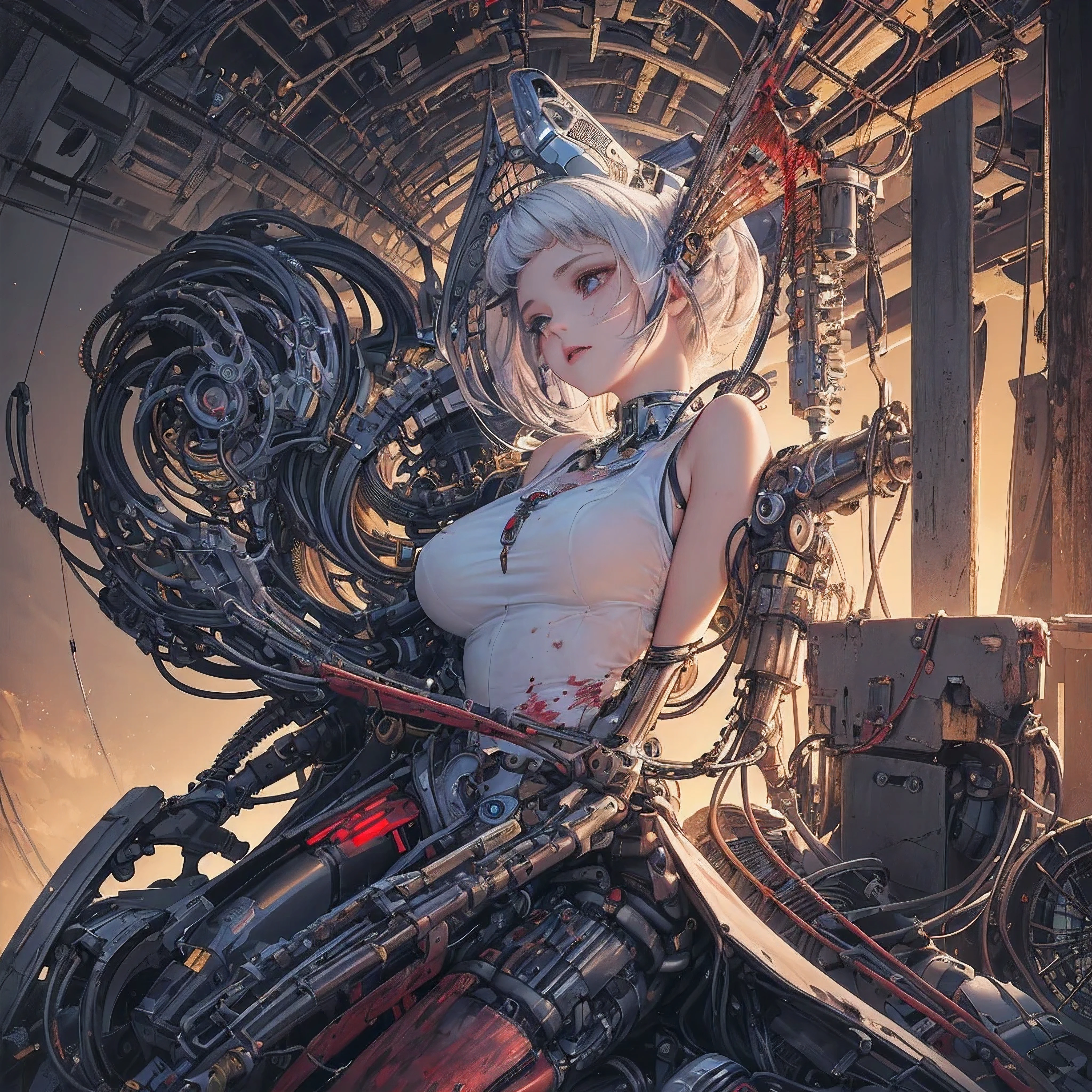 (((Masterpiece))), ((Best Quality)), (Super Detail), (CG Illustration), (Very Evil and Beautiful)), Cinematic Light, ((1 Mechanical Girl)), Single, (Mechanical Art: 1.4), ((Mechanical limb)), (Blood vessel attached to a tube), ((Mechanical spine attached to the back)), ((Mechanical cervical vertebrae attached to the neck), (Back to the viewer)), expressionless, ( Wires and cables attached to the head and body: 1.5), Science Fiction, Apocalypse, Ruins, (Lower Body Integrated with Mechanical Devices), (Blood: 1.5), Cruelty, Absurdity, Eroticism, Fusion with Machines, Doomsday Time, Super Future, Inorganic, Laboratory, Restraint, (Beautiful Indulgence: 1.2), (1 Girl: 1.3), Body Wrapped Around Mechanical Tentacles