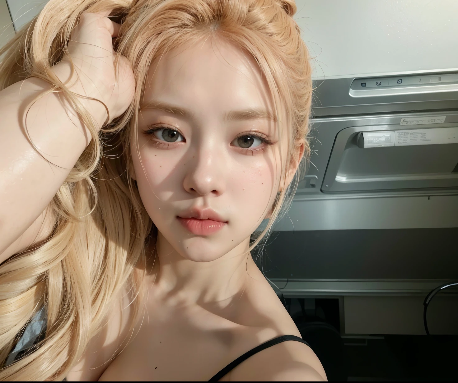 blonde woman with long hair and black bra posing for a photo, parque roseanne de blackpink,  coreana, linda mulher sul-coreana, linda jovem coreana, maquiagem sul-coreana popular, linda jovem coreana, maquiagem coreana popular, Korean facial features, adorable and pale korean face, young lovely korean face, roseanne de blackpink, beautiful asian girl, fotografia selfie 8k