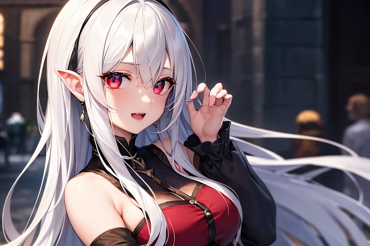 (Uhd, Masterpiece, Textured Skin, Super Detail, High Details, High Quality, Best Quality), 1Girl, Pale skin, deep red eyes, ((tattered clothes, frayed clothes)), (white clothes), long white hair, pale hair, (Vampire Queen), (Look Waving to people, in a medieval street)

[Face Prompt:(masterpiece:1.2), best quality, (Extremely detailed eyes:1.4), (highly detailed eyes:1.6), highly detailed eyes, (Calm look, Talking to you look:1.5), (Red eyes), Look talking to you]

[Mouth Prompt: (Smiling mouth), cute fangs, open mouth
