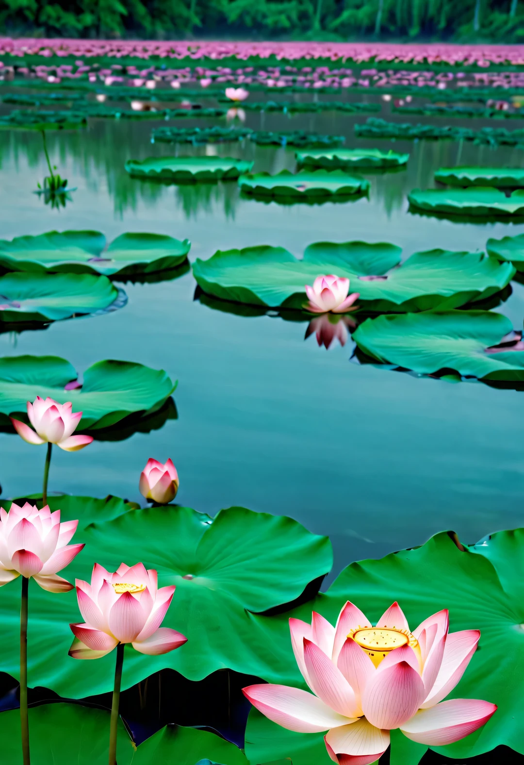 heart is pure, Pink lotuses bloom everywhere，Present an illusion.,HD