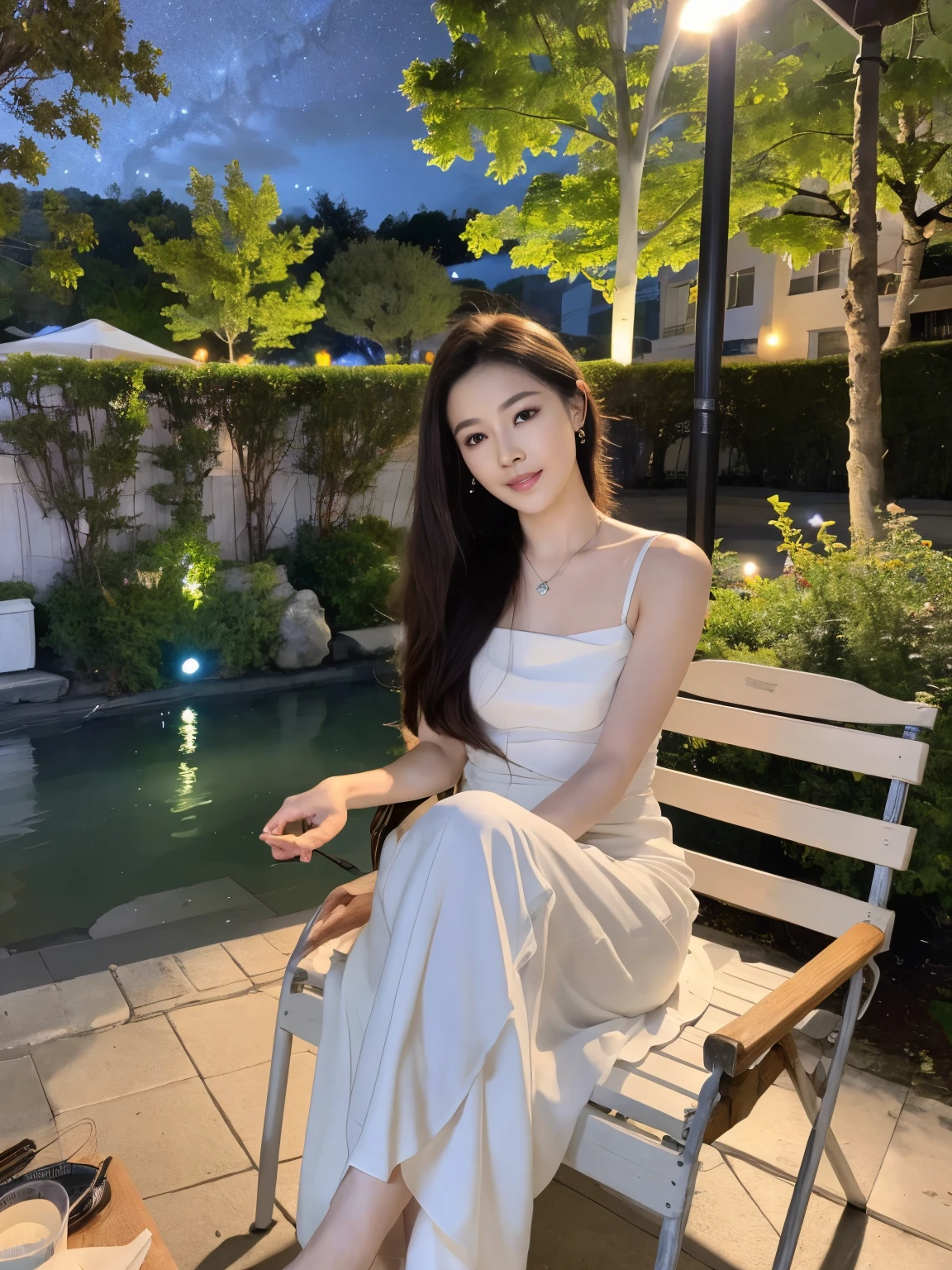 ，masterpiece, best quality，8k, ultra high definition，Real light and shadow，（real，realistically)，Realistic skin texture，beautiful woman，（night，night，starry sky，galactic），在starry sky下，A young woman sits in an ancient rocking chair。Her long hair swayed gently in the breeze，Starlight fills her face。She is holding an old book in her hand，The eyes are immersed in the text。Silver writing flashes on the page，It was as if the stars twinkled in night。Beside her，A puppy curled up at her feet，Look at the owner intently。Frogs chirping from the distant woods，Clear stream flows through mossy rocks。starry sky仿佛诉说着宇宙的秘密，And this small painting became extremely beautiful under their witness。