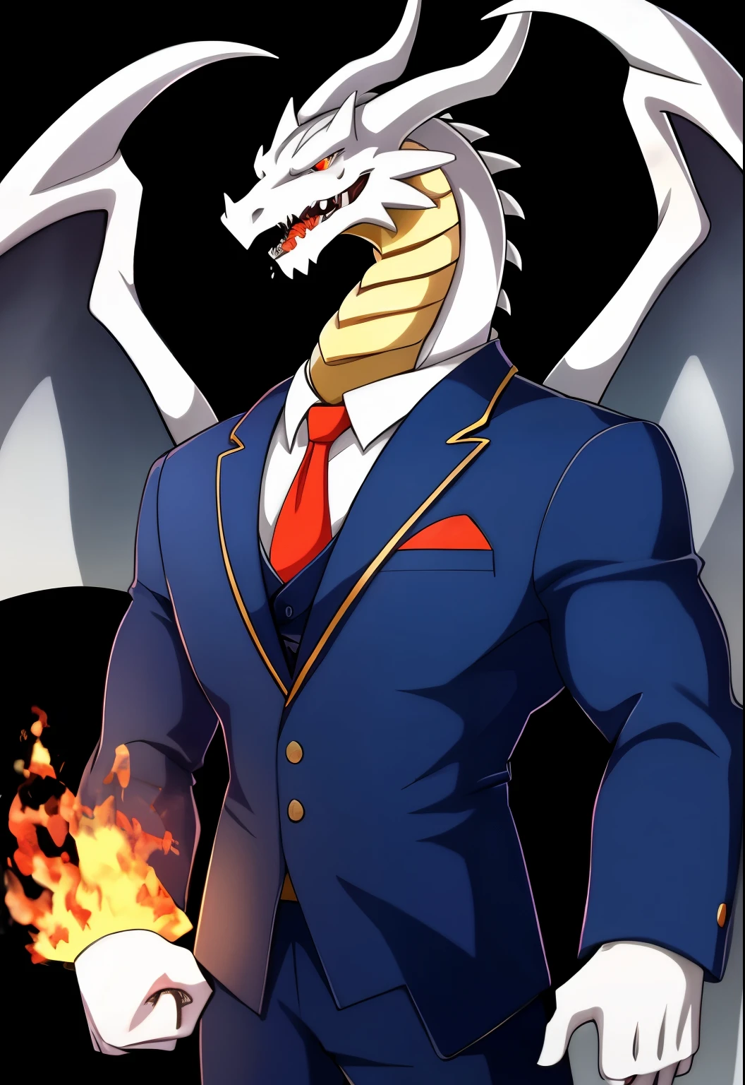 White Dragon, muscular, fine eyes, Big Wings, wearing a prince&#39;s suit, transparent background, anime style, High resolution 4K,Spit flame