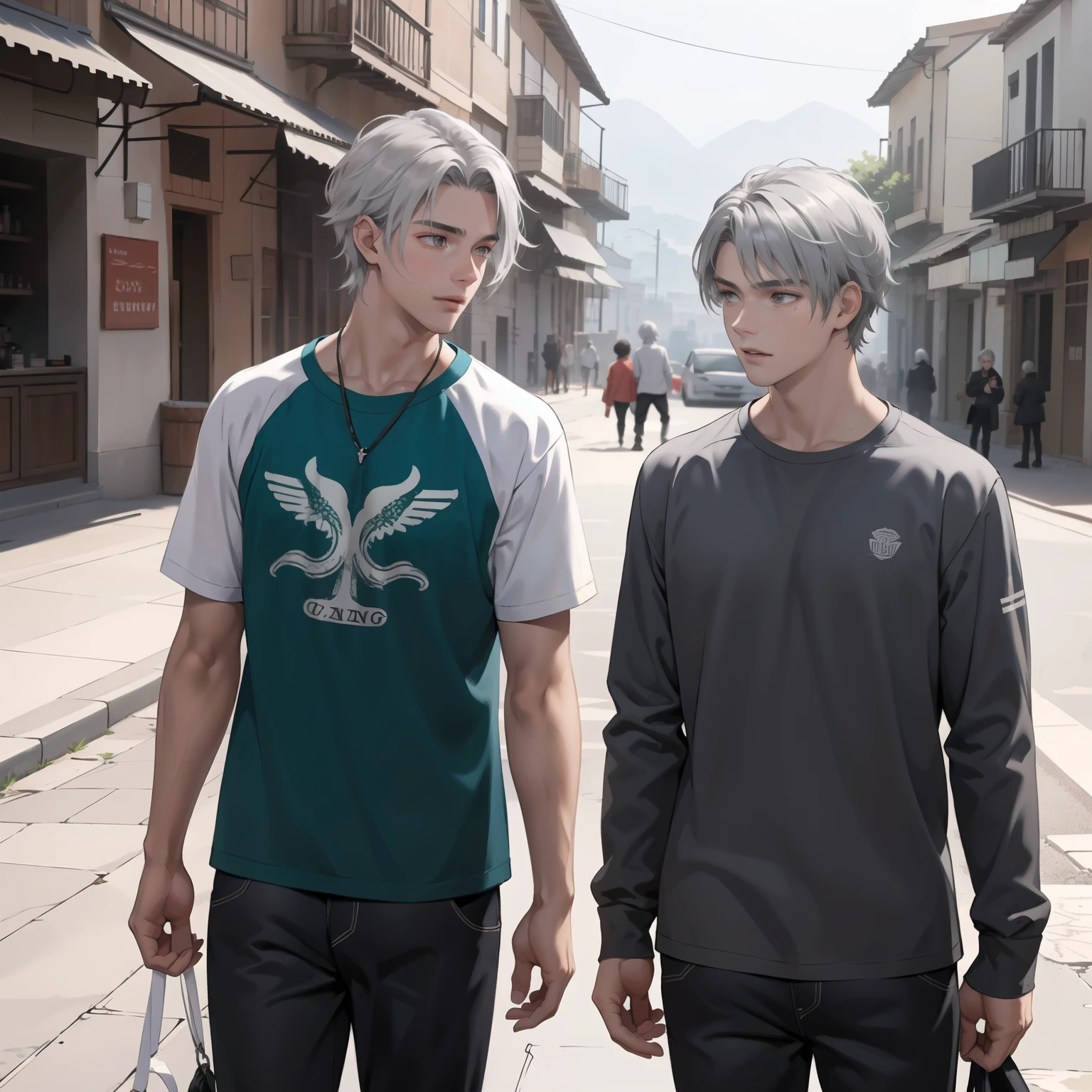 In the background there is a city with green mountains, silver Two teenage friends of 15 years with silver hair one threatens the other , With Latin skin and light gray hair on the outskirts of a large silver city they are talking about an important topic they are friends almost like brothers........