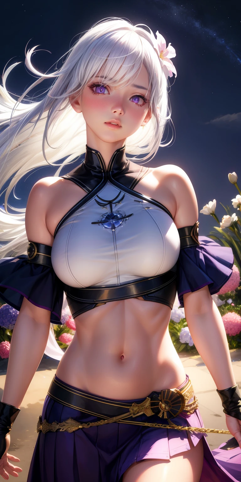realistic, 1girl, white hair, purple eyes, glowing eyes, crop top, skirt, parted lips, blush, night, flowers, sun, sunlight,