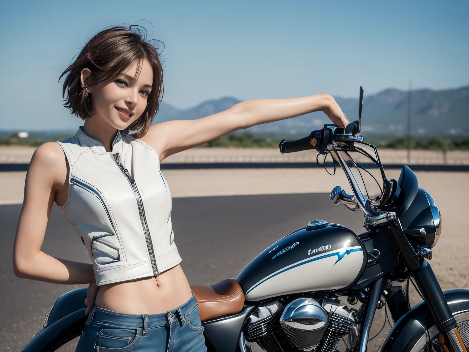 ((highest quality, 8K, masterpiece: 1.3)), sharp: 1.2, perfect body beauty: 1.4,pretty girl,Light brown short hair,(((Girl on a motorcycle))),slender body,White and sky blue line motorcycle leather jacket and leather pants,Highly detailed face and skin texture,((full body shot)),Natural light,smile,((((Stretch your arms horizontally and wink))))