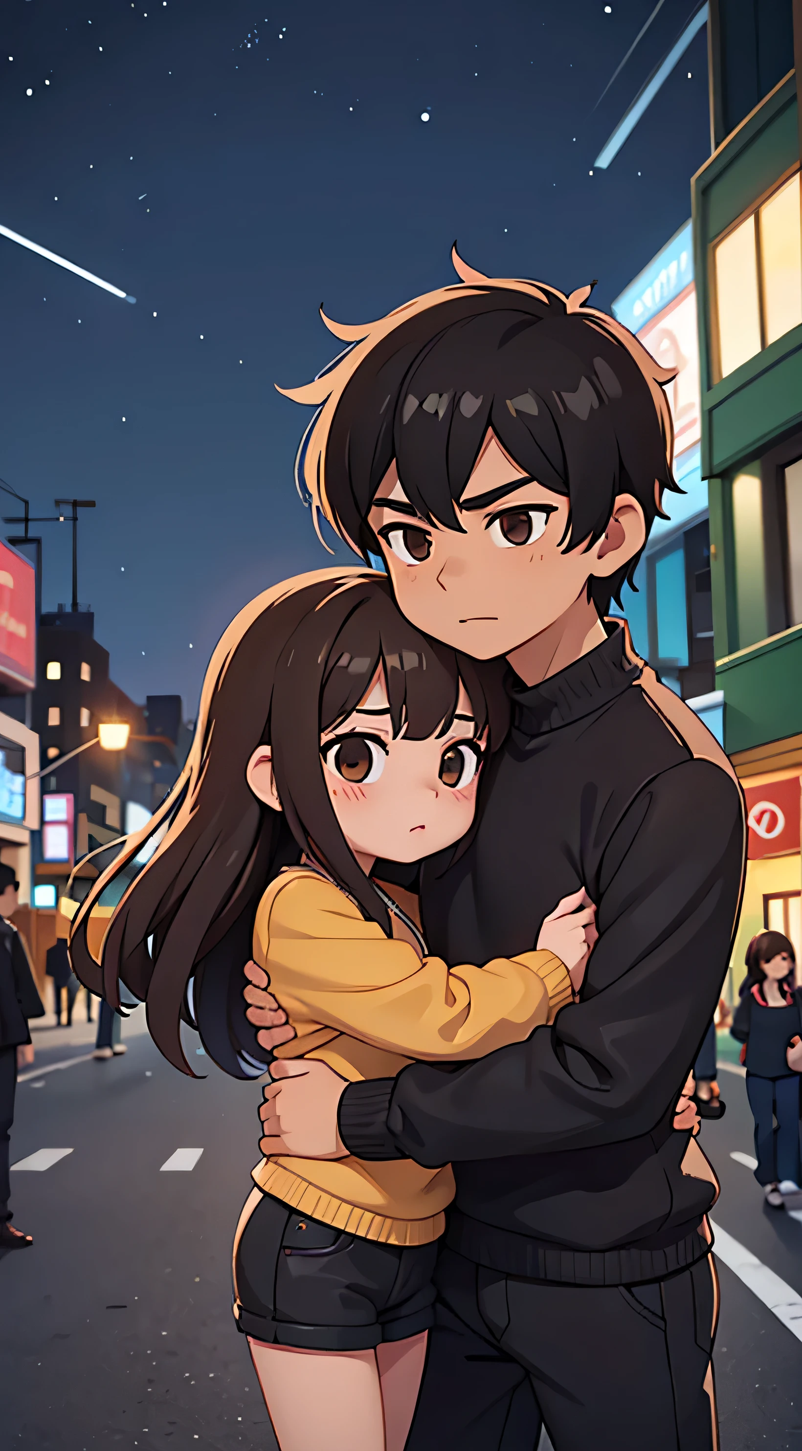 1 black haired male , 1 brown haired female, in a city, night time , looking at stars, wearing black clothes, hugging
