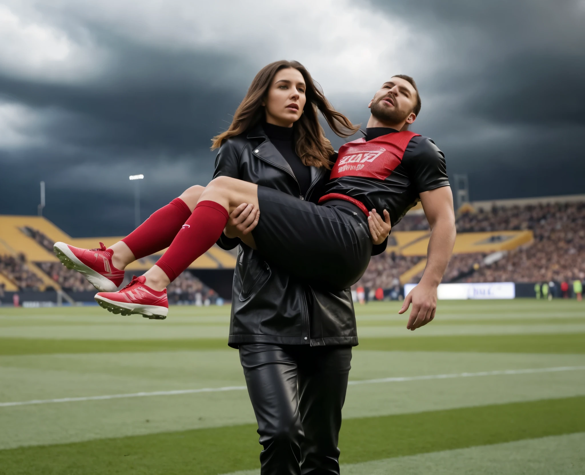 very shiny black leather, A woman carries a man, a man is carrie by a woman, big and beautiful woman carries the wounded man's body in her hands, Andrea grabs his legs and his body with her hands, the bearded man in Andrea's arms is visibly in pain, stadium atmosphere, the bearded man is lying consciousless in Andrea's arms with one arm hanging down, A scene at a soccer stadium, a bearded man lying in a caring women's arms, lying helpless in her arms with his head dangling down, he has one arm dangling down while being carried in the women's arms, There is an attractive and heavily made-up woman in a long black leather coat, A pretty woman in a shiny black leather coat on a soccer field, A wonderful woman is holding a passed out man, A man in matt and roughened sportswear is held diagonal in her arms, a man in a woman's arms and lets one arm dangling down, we see the man held in front of the woman's body, the man is cradled in the woman's arm while being carried, the beautiful woman is exceptionally heavily made up and has an extremely desperate and very angry expression on her face, high-resolution photo, realistic sports photo, soccer scene, woman in black shiny long leather coat, injury scene, real photo, ultra realistic, high definition, sports photography