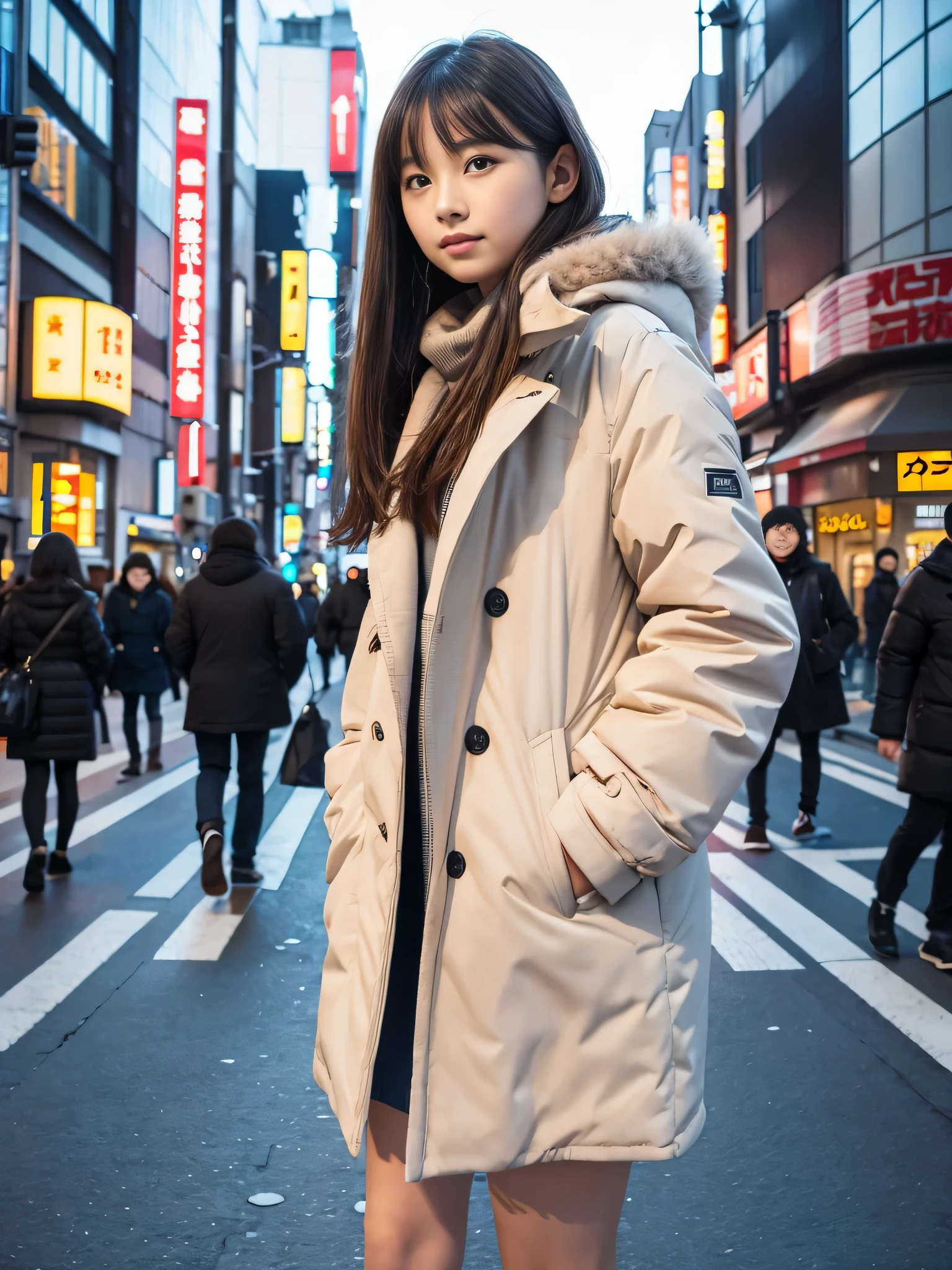 Photoreal, 8K full-length portrait, Beautiful woman, attractive look, Clear system, 16 years old, Tokyo, winter, Shibuya in the background