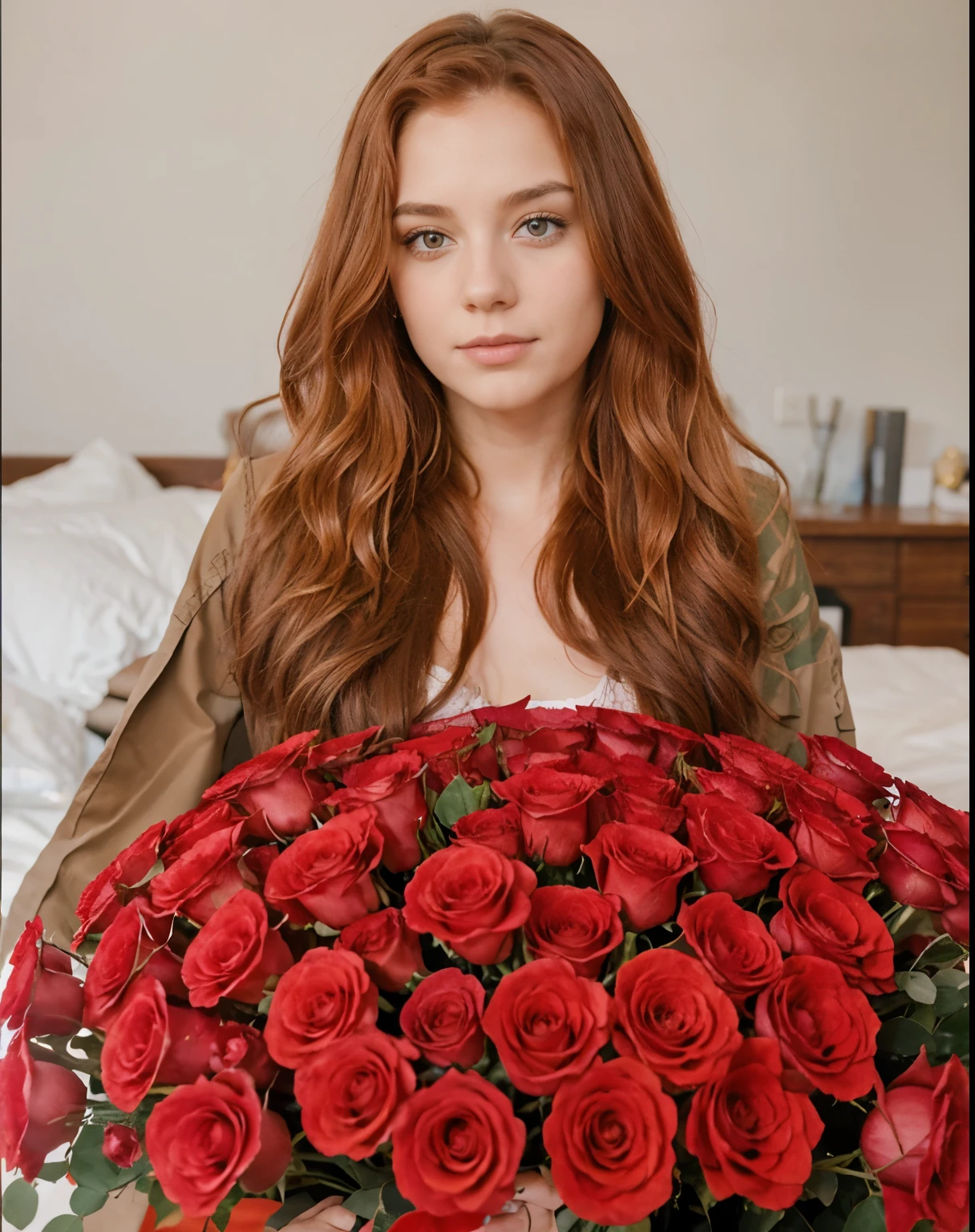 Girl with red wavy hair with a bouquet of red roses