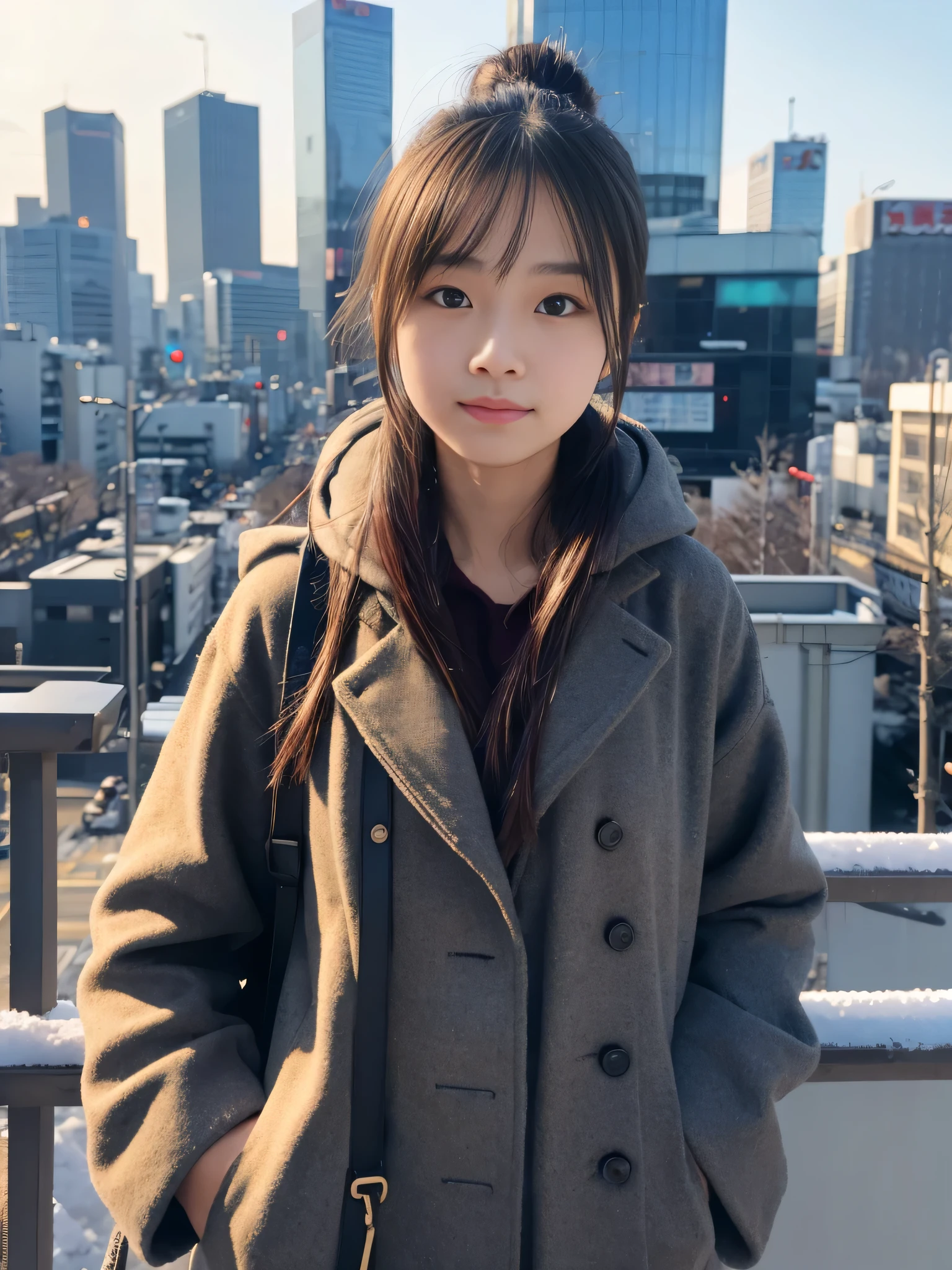 Photoreal, 8K full-length portrait, Beautiful woman, attractive look, Clear system, , Tokyo, winter, Shibuya in the background