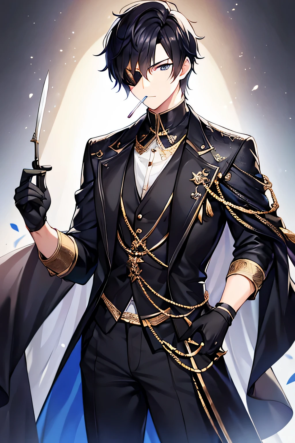 （high resolution， high lighting， 4K），one person，male，black hair short hair，With black gloves，Holding a ring knife in hand, blue，It has a gold pattern on it，dressed in a black coat，With a lollipop in his mouth，The picture is beautiful，eye focus depiction，The character&#39;s eyes are highlighted，Use a black eye patch for one eye，Secondary two