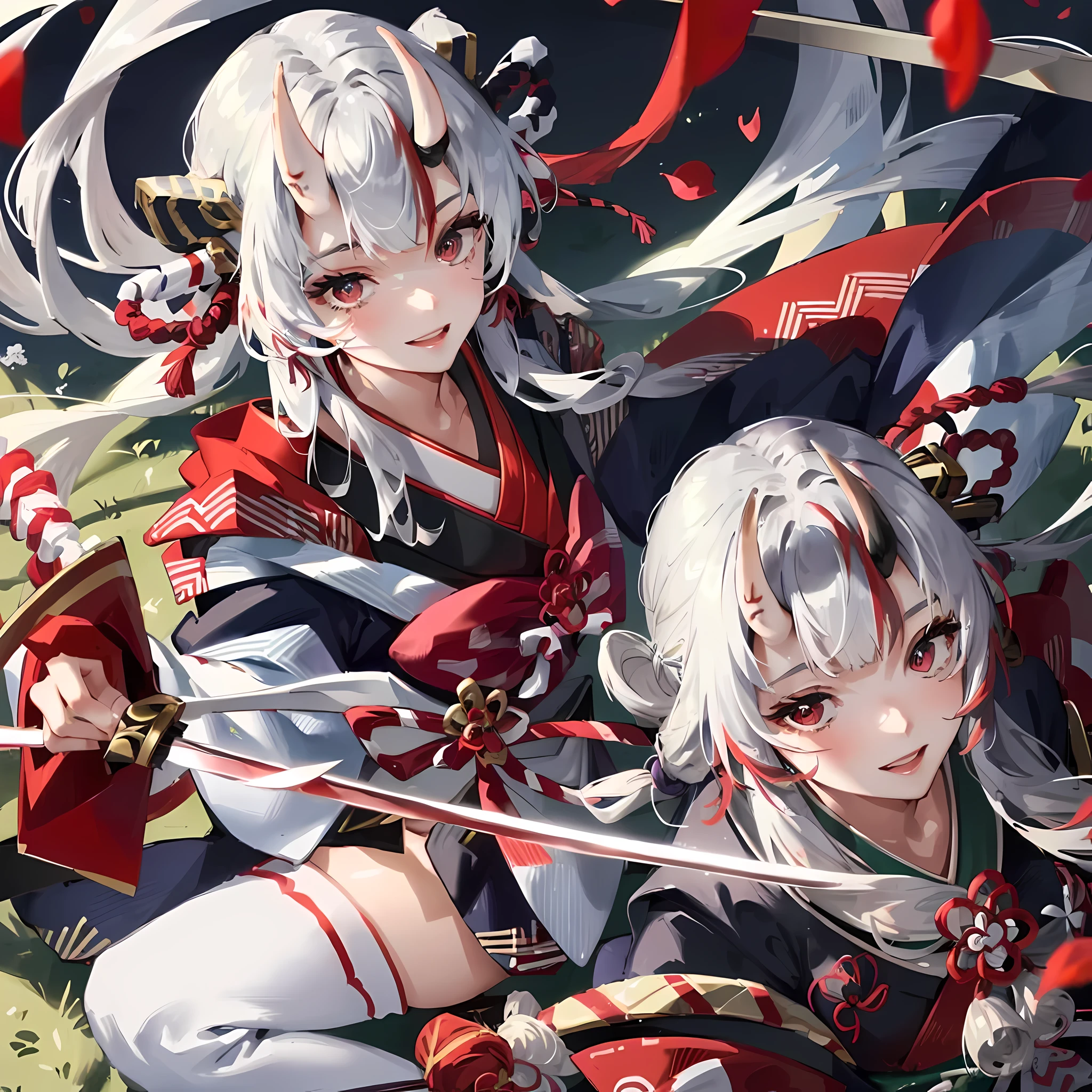 official art, on the table, sharp focus, (Beautiful gorgeous and cute Japanese woman:1.3), exquisite beautiful hair、eyes and face, actual, Super detailed, beautiful girl, night, an old japanese town, bonfire, Red petals, What a big butt, smile with teeth, (smile with eyes, open your eyes), landscape, long, straight hair, sexy facial expression, dynamic hair, Delicate platinum silver hair, (Red Japanese armor), (red corner), dark background, ((holding katana)), long sword, red sword, red eyes, (walk), Soldier, accurate hand指, accurate hand