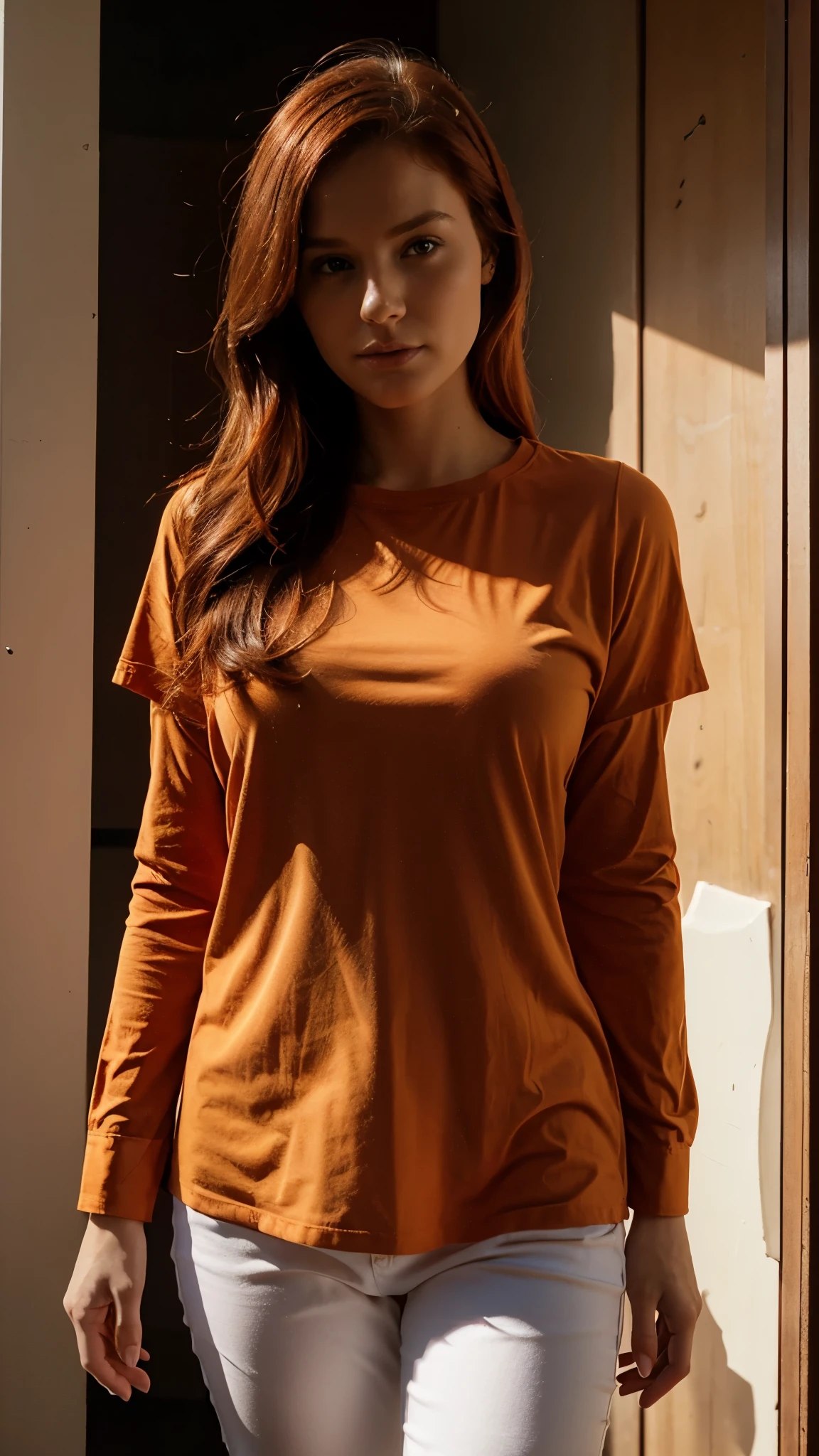 female, 28 years old, redhead, short, orange shirt