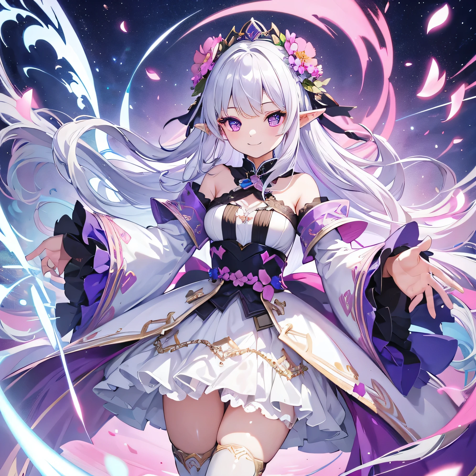 highest quality、unity 8k wallpaper、32K、masterpiece、Super detailed、ultra high resolution、actual、young girl、goblin、silver hair、purple pink eyes、Clothes as soft and natural as flower petals、smile