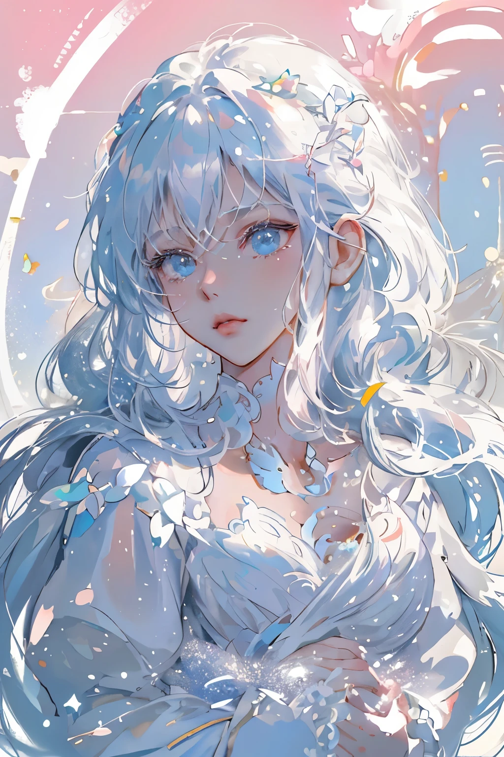 ((masterpiece)), Very detailed, best quality, 8k, (柔Light), Light, Beautiful and delicate eyes,
1 girl, white hair, long hair, Next to a bottle of perfume, elegant, Comfortable, Clean and detailed anime art, Trending on artstart, rainbow colors, milky white, cream dripping on face, illuminate warmly, Soap, (pink and white theme),