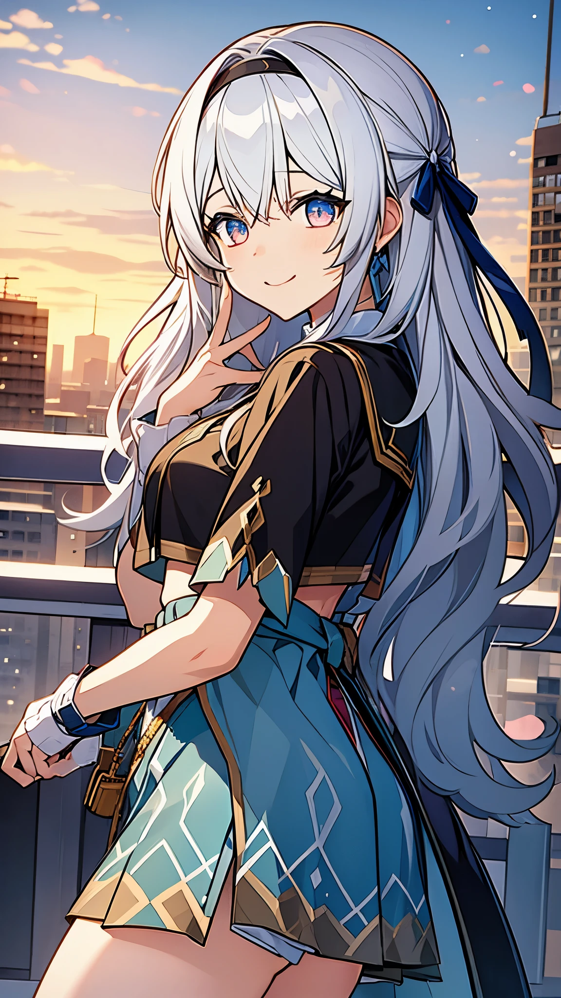 Masterpiece, best quality, ultra-detailed, 4k, background urban city, On the rooftop, girl, Long flowing hair, smile, hand piece style 