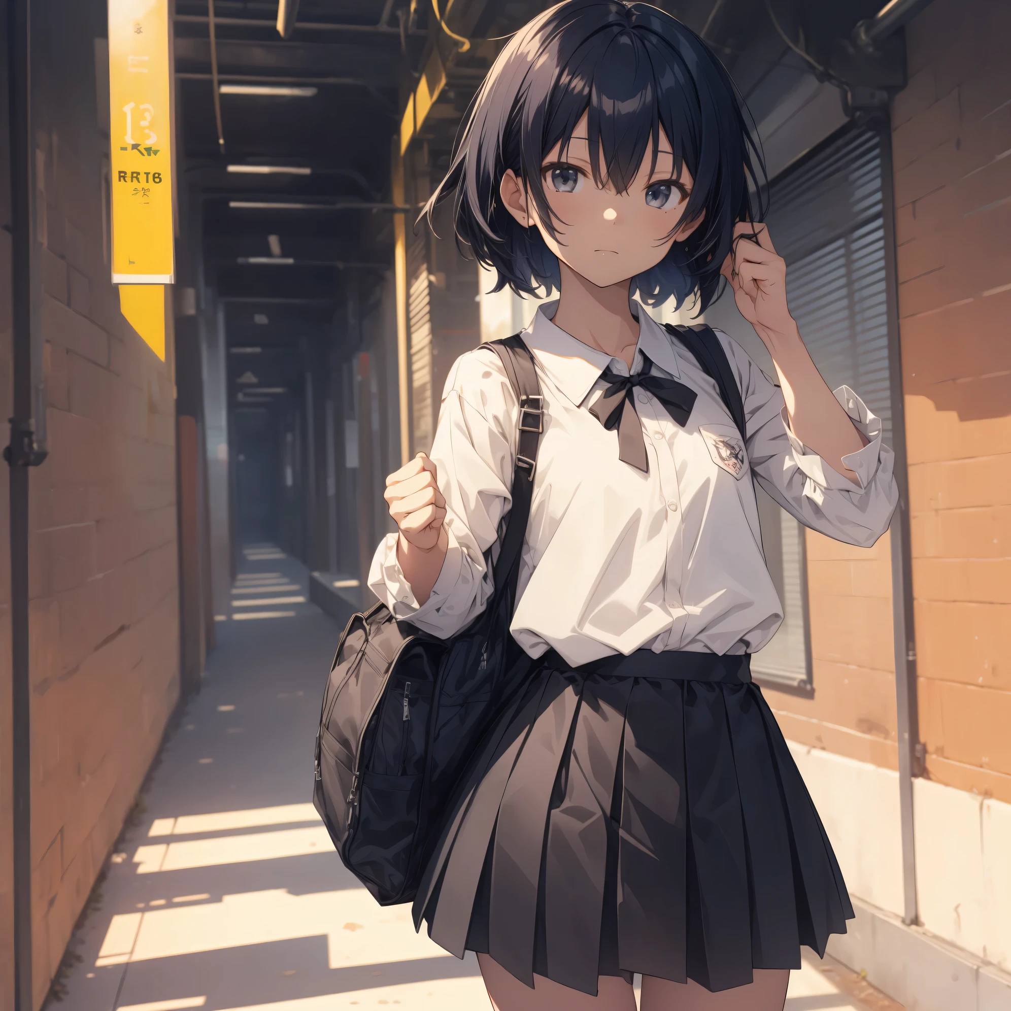 Super high quality by the art god, super detailed, High resolution, Shinkai Makoto style, anime moe art style, best anime 8K konachan wallpaper, pixiv contest winner, perfect anatomy, break,(眠そうにalone学校へ行く女の子を描いてください. ),break, 1 girl, (alone,little woman, lolita, , :1.3),All limbs, full finger,, androgynous charm, (very short hair), flat chest, Because I'm slender, small ass, between legs, black eye, beautiful and fine eyes, Well-proportioned iris and pupils, expressive eyes,disgusted eyes, High resolutionの詳細な髪, wearing school uniform, (skirt),(detailed lighting), (detailed background), On the way to school. break,super dense skin, Best lighting by famous artists, 8K, figure,UHD, rough skin