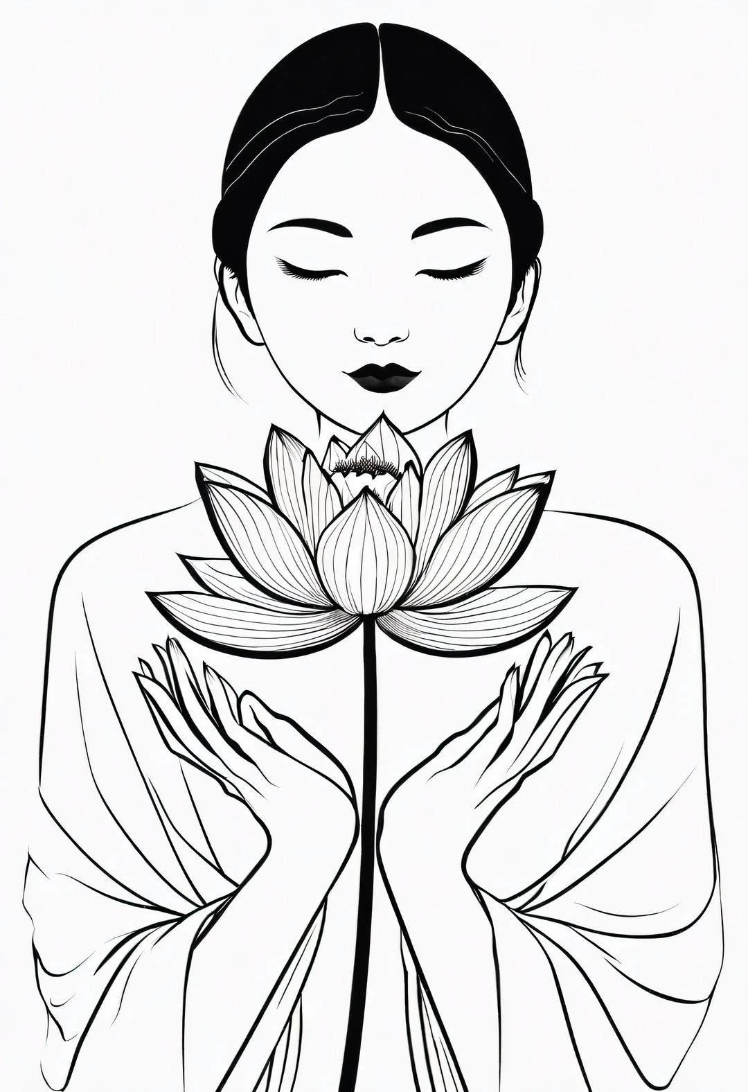 Beautiful slender fingers holding a lotus flower，contour，line art，Minimalist Chinese ink painting，