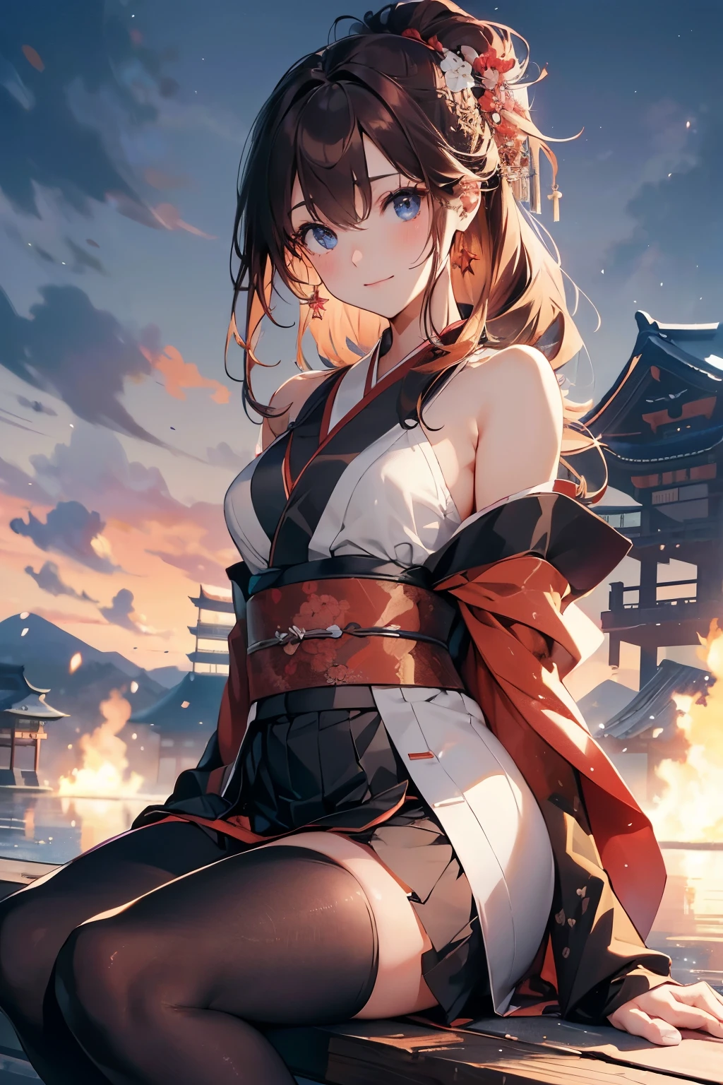 (official art、best quality、Unity 8K Wallpaper、32k、masterpiece、Super detailed、ultra high resolution、actual、Realism:1.2)、(light:1.2)、fire glow effect、film particles、best shadow、edge lighting、side lights、(Super detailed且复杂的 3D 渲染)、Exquisite and beautiful face,blue eyes,reddish brown hair,medium breasts, Perfect body,The wind blows the long hair,Smile,(Super delicate skin、Detailed skin texture:1.3, blush:1.2)、see whole body, Anime CG style, (( Japanese low-cut kimono,Fold skirt,Black tights)), Smile, Sitting sideways and soaking in hot spring, (wind blows hair，bare shoulders、exposing her chest、Black tights) , It snows at night