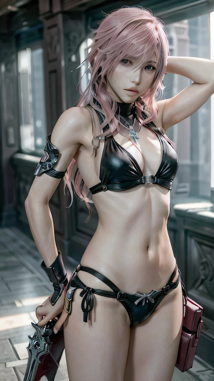 (masterpiece, highest quality:1.3)
Lightning FF13, 1 girl, alone, long hair, pink hair、black bikini、Pose with buttocks sticking out