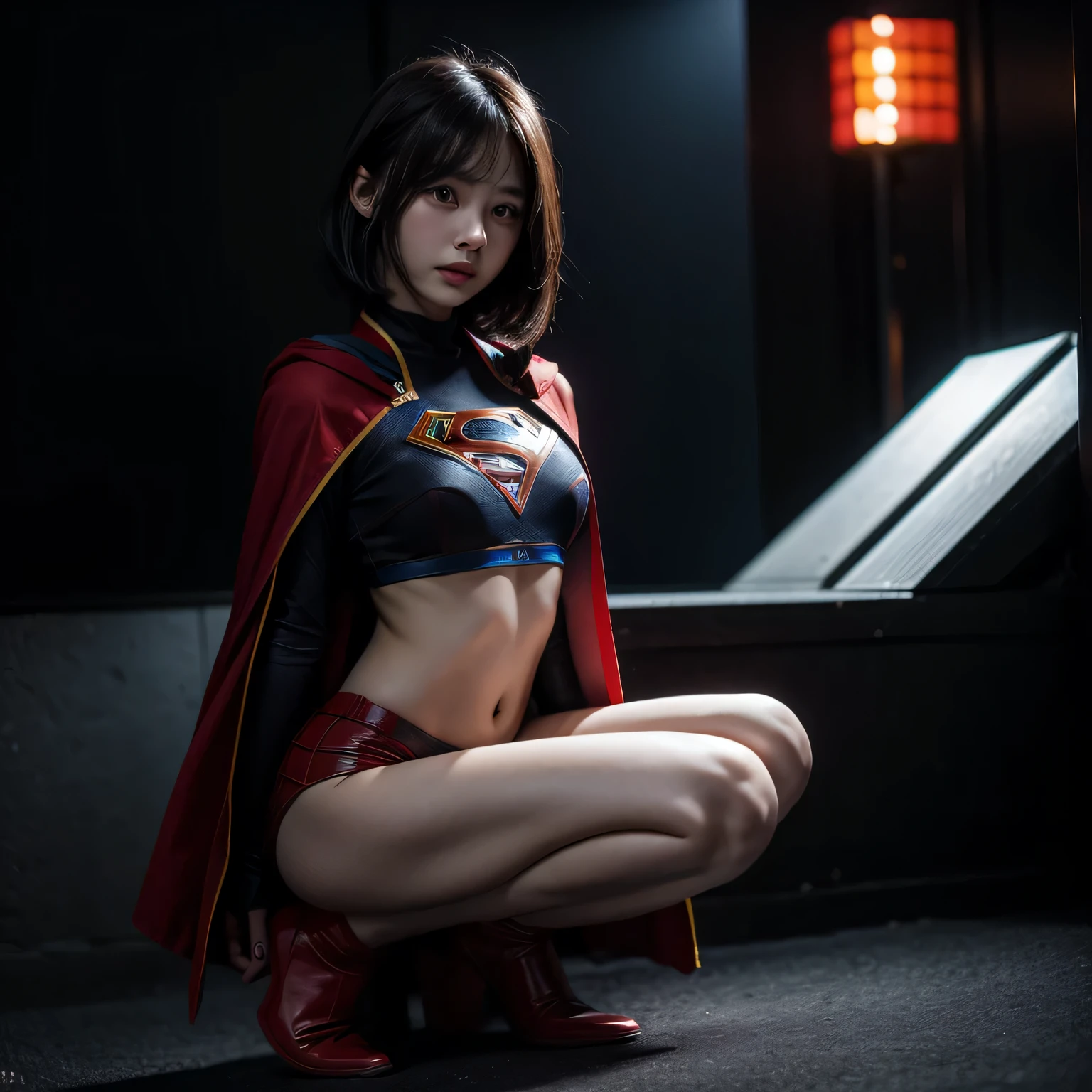 super girl elementary school student, masterpiece, highest quality, abstract, psychedelic, neon, (honeycomb pattern), (creative:1.3), fantasy 00d、 black hair、bob cut with trimmed ends、flat chest、Thin crotch、con、belly button、High-leg style、red cloak、pointed nipples、white panties、(((squat)))、transparent clothes、