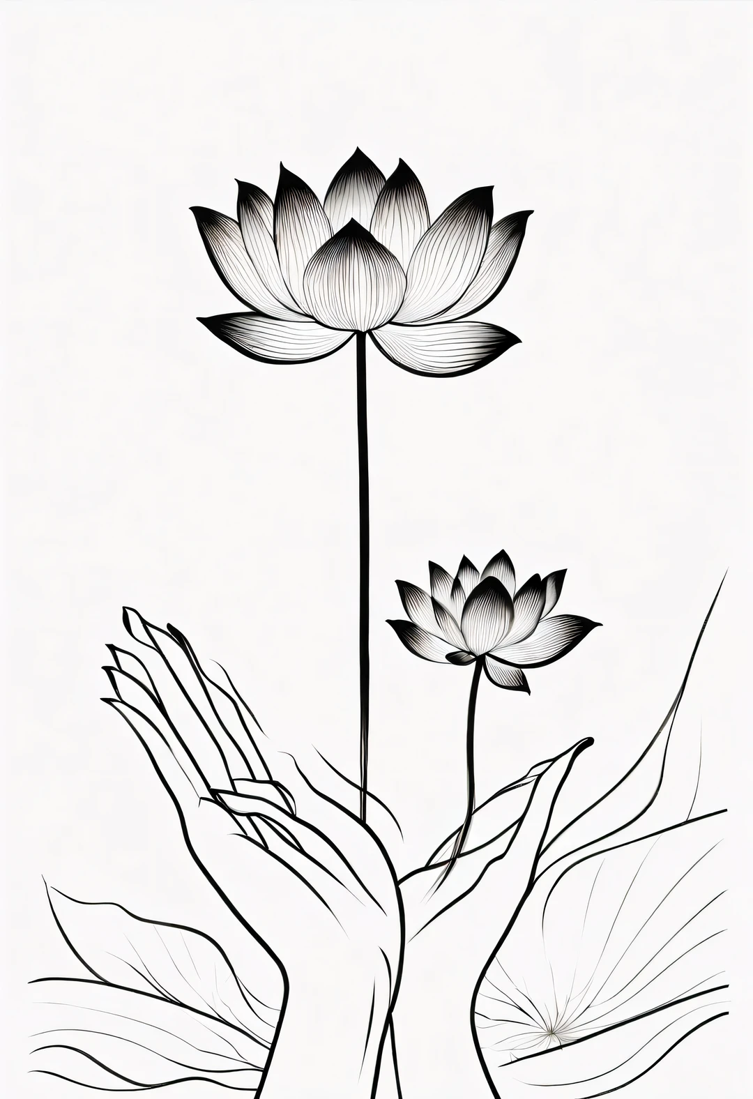 Beautiful slender fingers holding a lotus flower,contour,line art,Minimalist Chinese ink painting,contour,line art,Minimalist Chinese ink painting