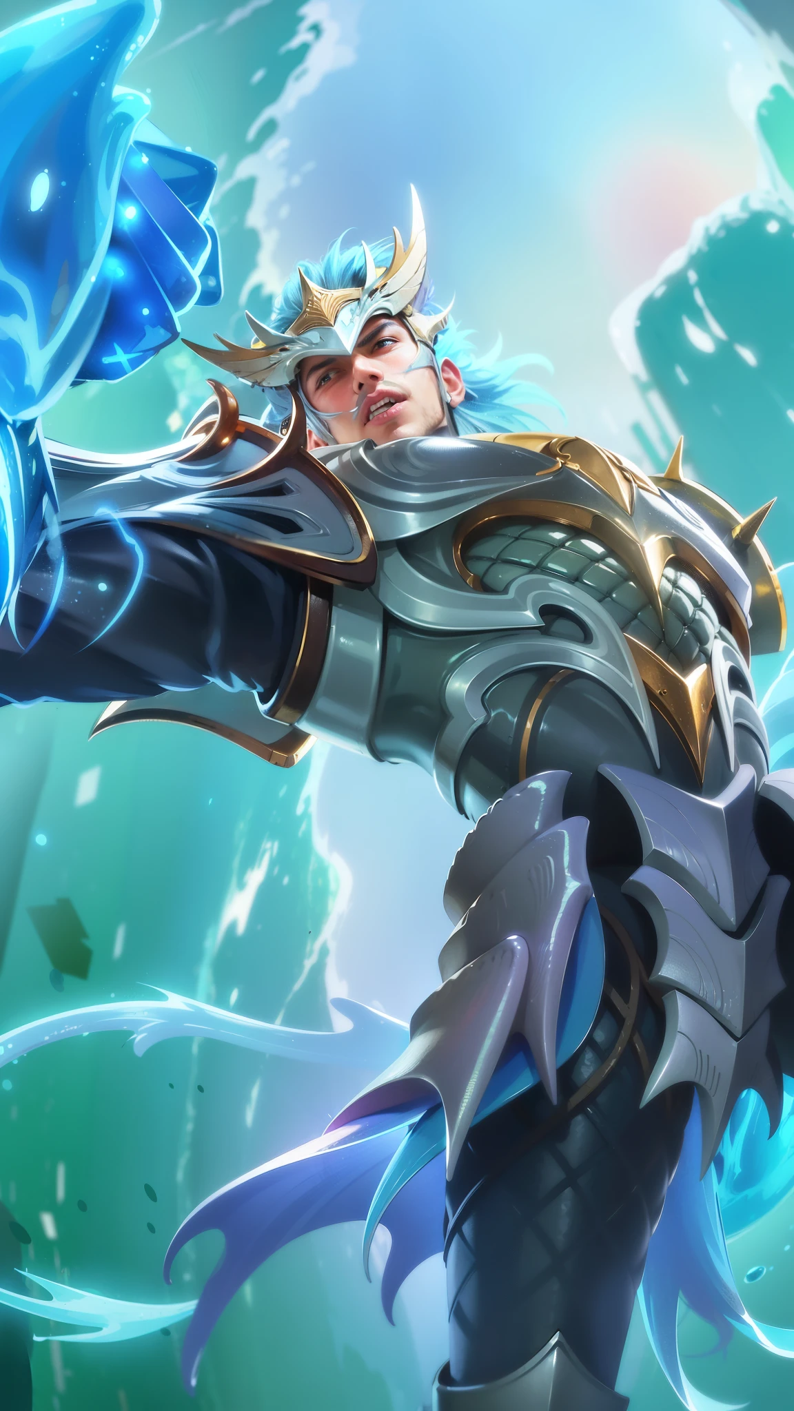 a close up of a man with a helmet on holding a sword, gatotkaca, young handsome, angry, masterpeace, 8K quality, High resolution, super detail, realistic, Raw photo.