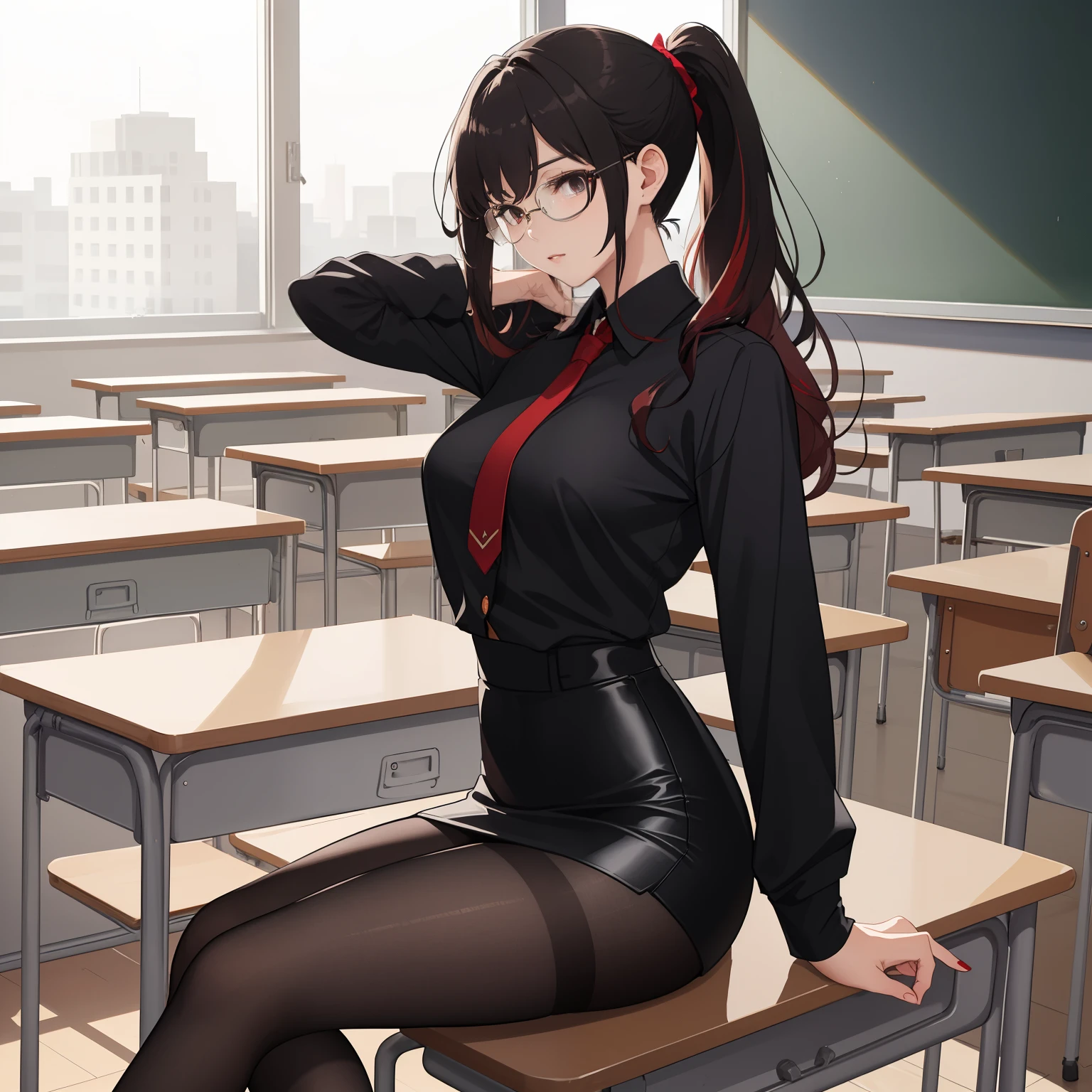 ((best quality)), ((masterpiece)), (detailed), (classroom), (individual), sitting, thin, Lovely, ((side fringe)), pencil skirt, pantyhose, (wavy ponytail), straight hair, Black hair with red highlights, black eyes, Glasses, High heel