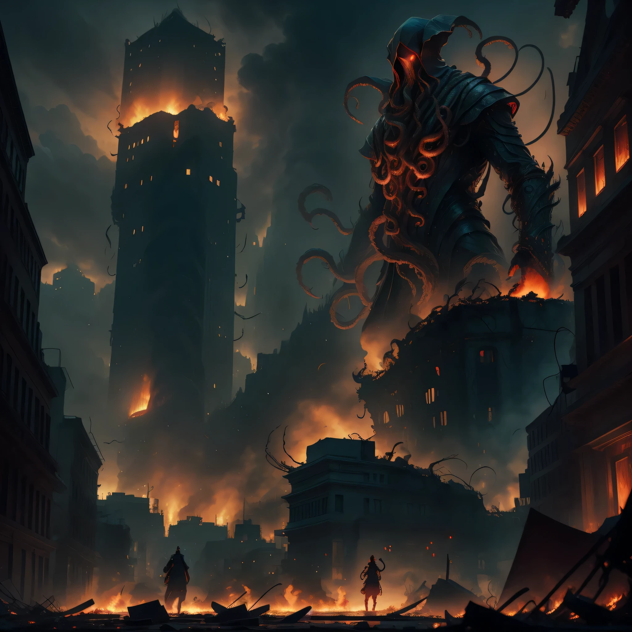 A huge ancient god with an indistinct shadow shape., glowing red eyes, and tentacles.、floating above the destroyed city。, The city is on fire、There are also collapsed buildings and corpses..