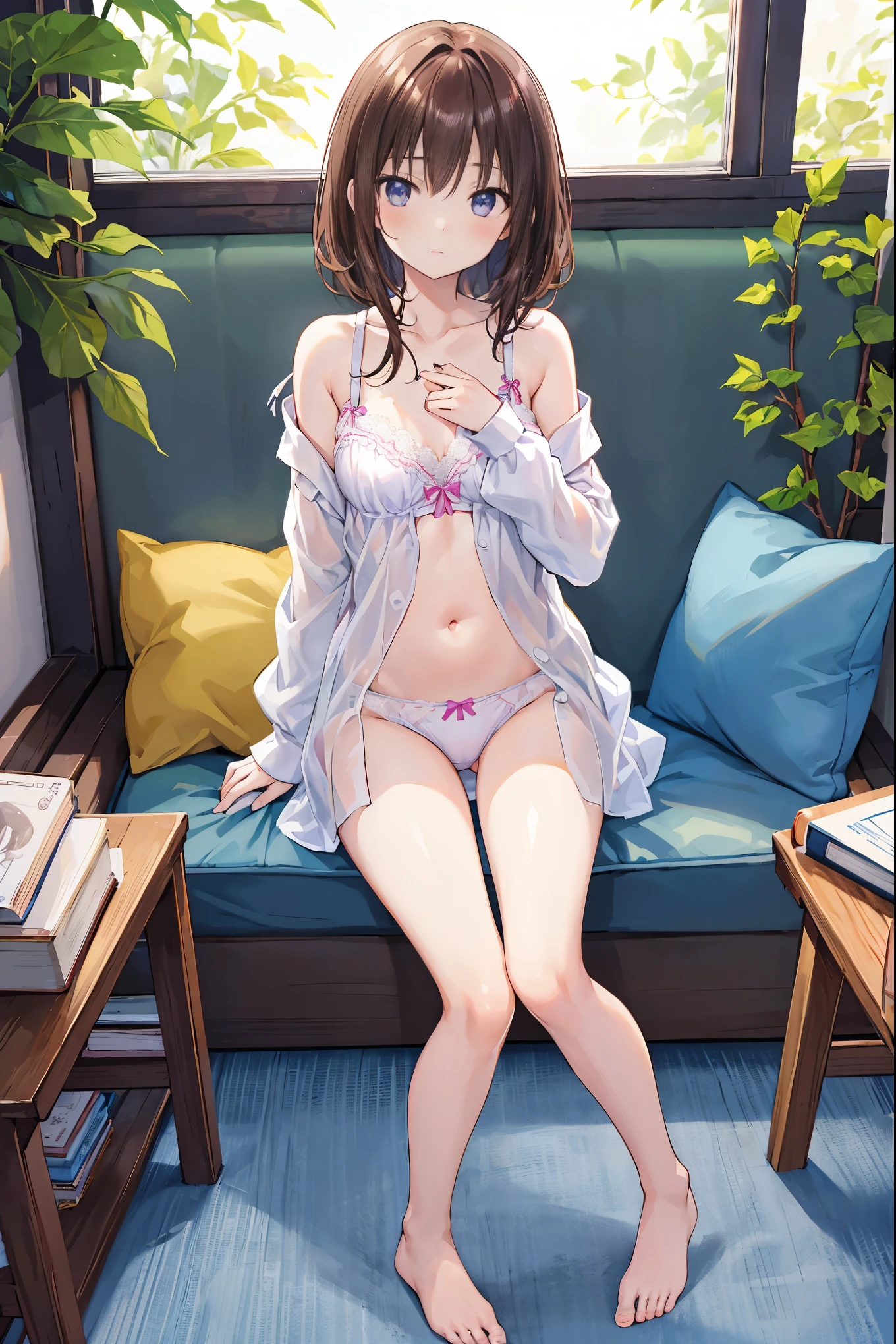 How to sit a girl，Depth of bounds written, delicate eyes, 完全なhand, 余分なhandfeetなし，small breasts，Underwear visible，refer to５Book，hand２Book，feet２Book，distinct nose bridge，natural posture，fine skin、Smooth、perfect beauty、In underwear、すらりとしたfeet、slender，Senjogahara Hitagi，brown hair，