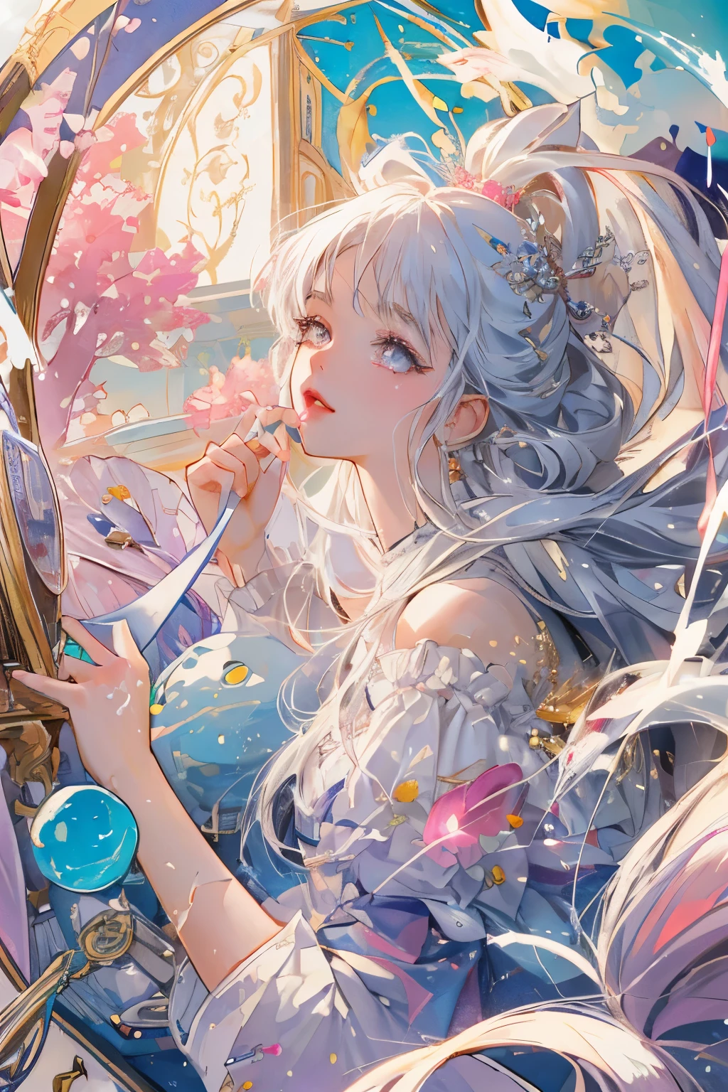 ((masterpiece)), Very detailed, best quality, 8k, (柔Light), Light, Beautiful and delicate eyes, 1 girl, white hair, long hair, Next to a bottle of perfume, elegant, Comfortable, Clean and detailed anime art, Trending on artstart, rainbow colors, milky white, cream dripping on face, illuminate warmly, Soap, (pink and white theme),
