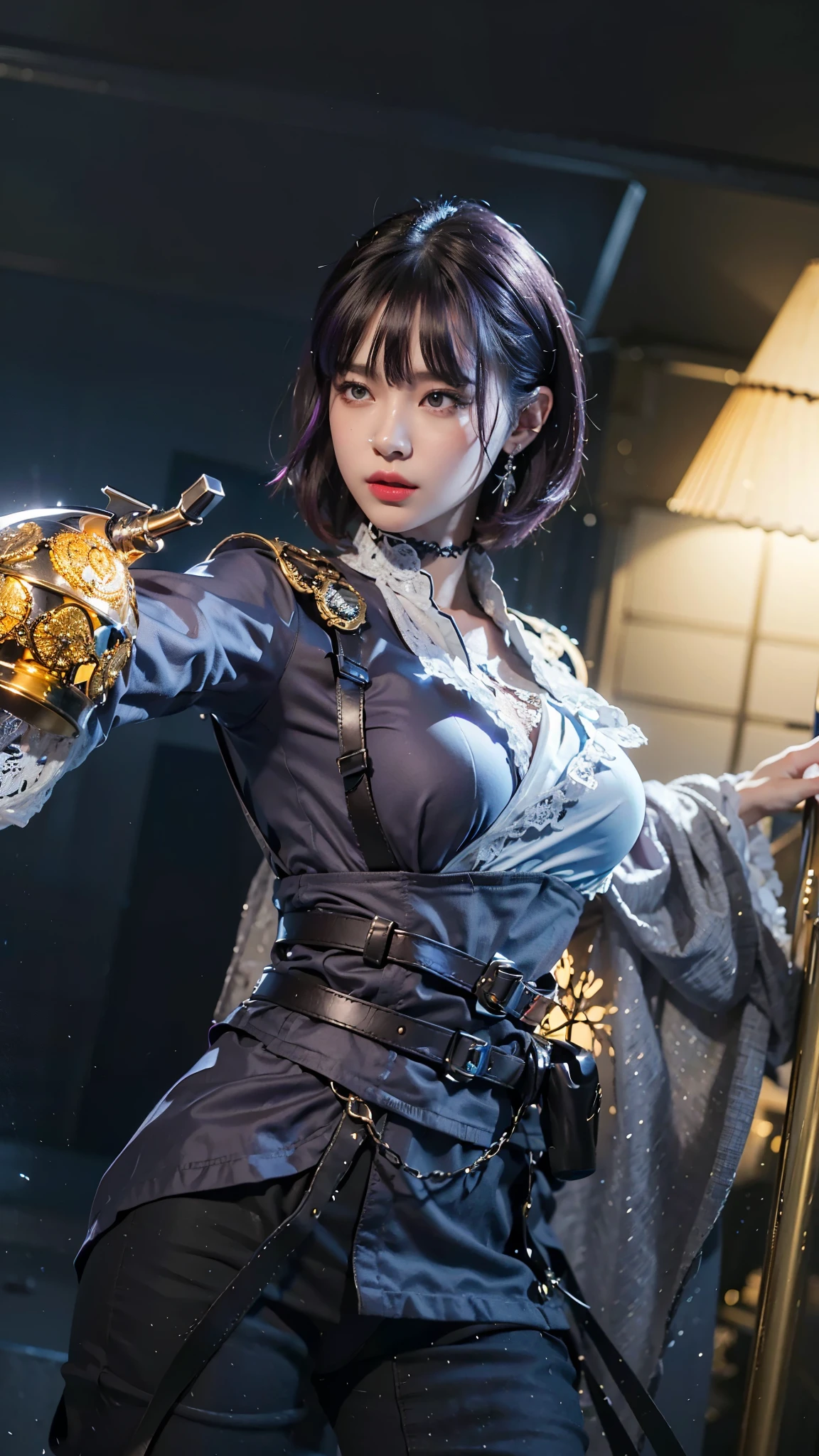 best quality,masterpiece,extremely detailed,high res,4k,ultra high res,detailed shadow,ultra realistic,realistic,dramatic lighting,1girl,solo,detailed face,realistic eyes,realistic skin,white dress,purple hair,dynamic pose, white lace dress